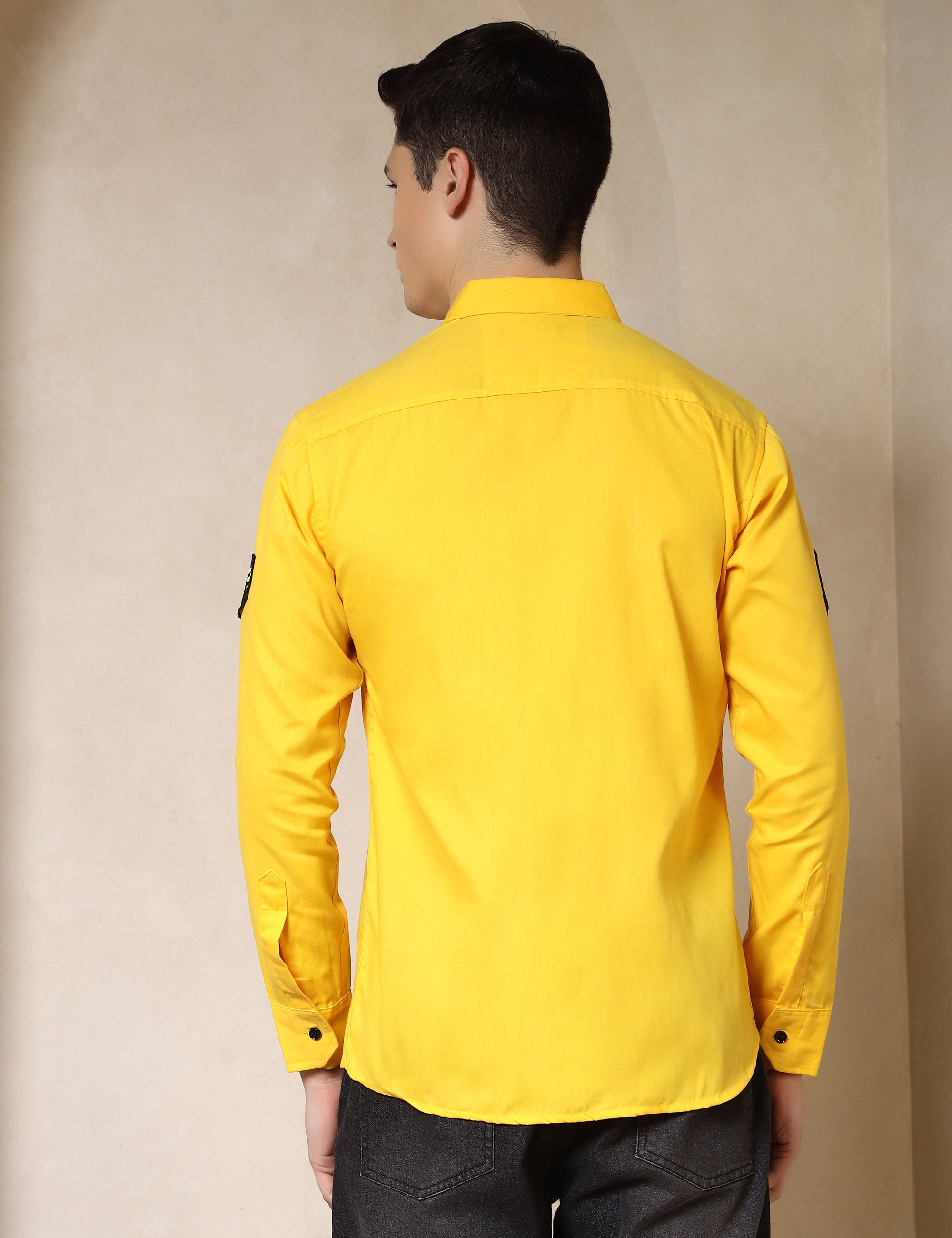 Urban Style Embroidery Patch Yellow Cotton Blend Shirt