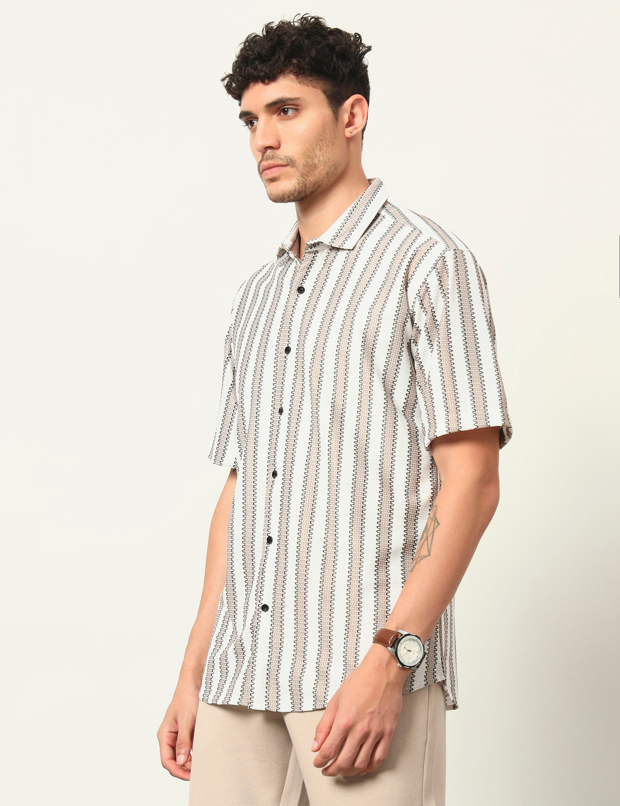Fresh Flow Polyester Blend Beige Striped Shirt