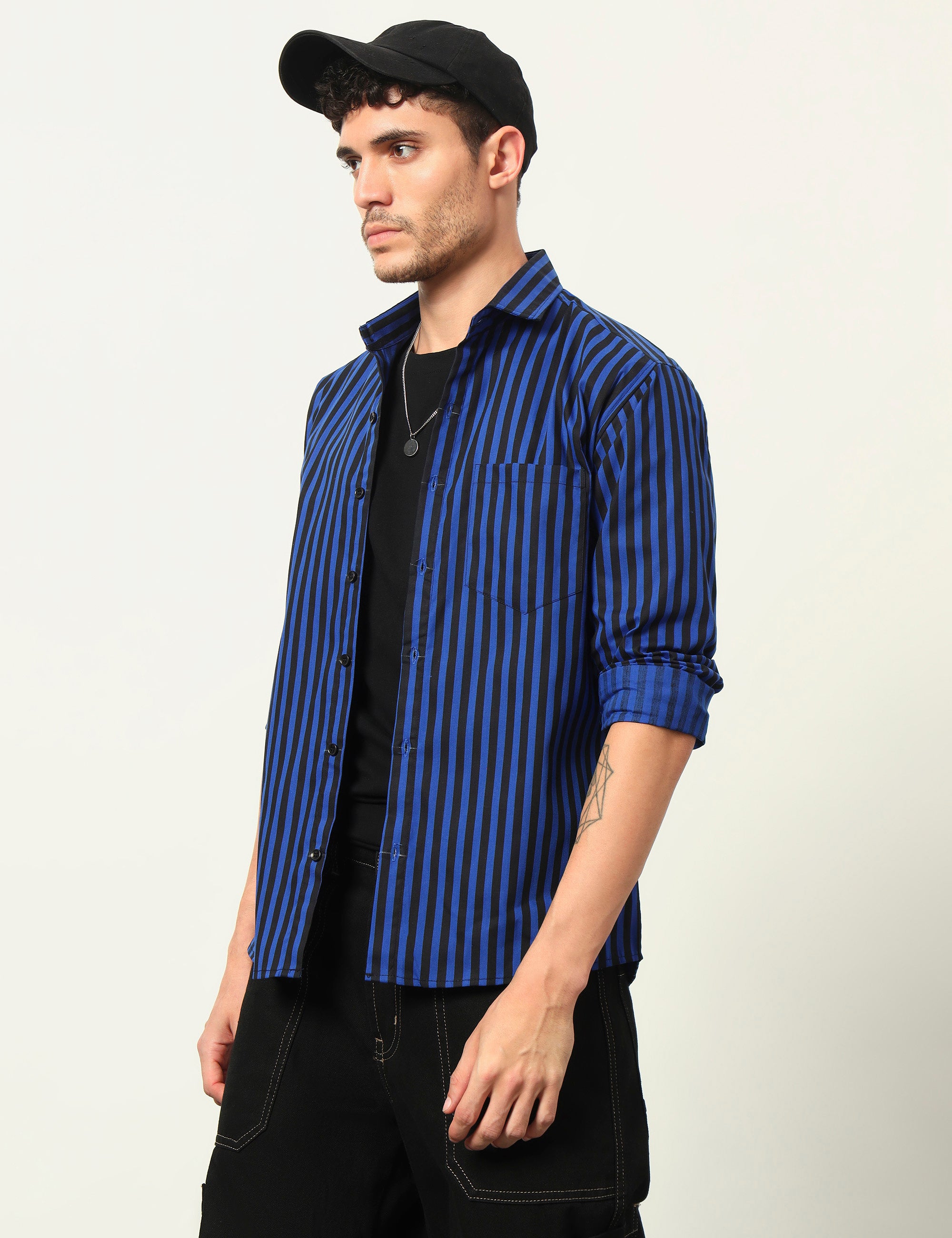 Inferno Stripes Casual Royal Blue Cotton Blend Shirt