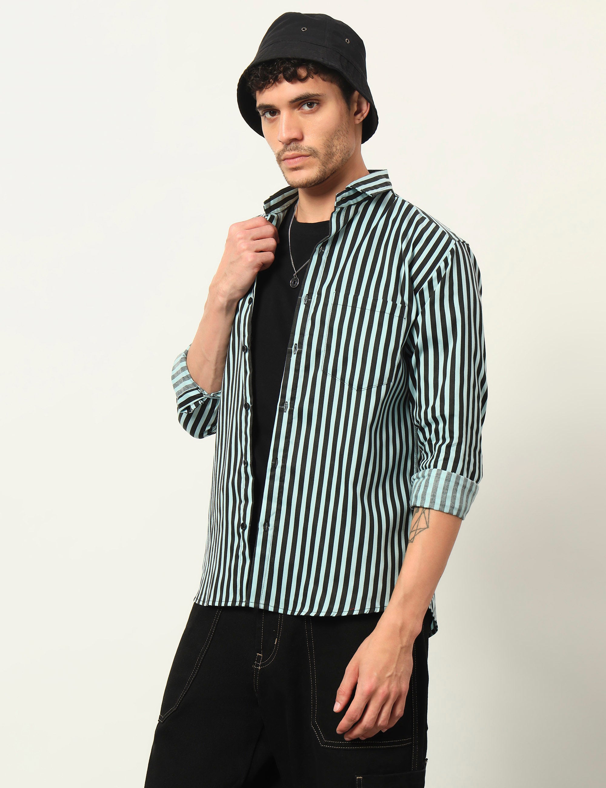 Inferno Stripes Casual Sea Green Cotton Blend Shirt