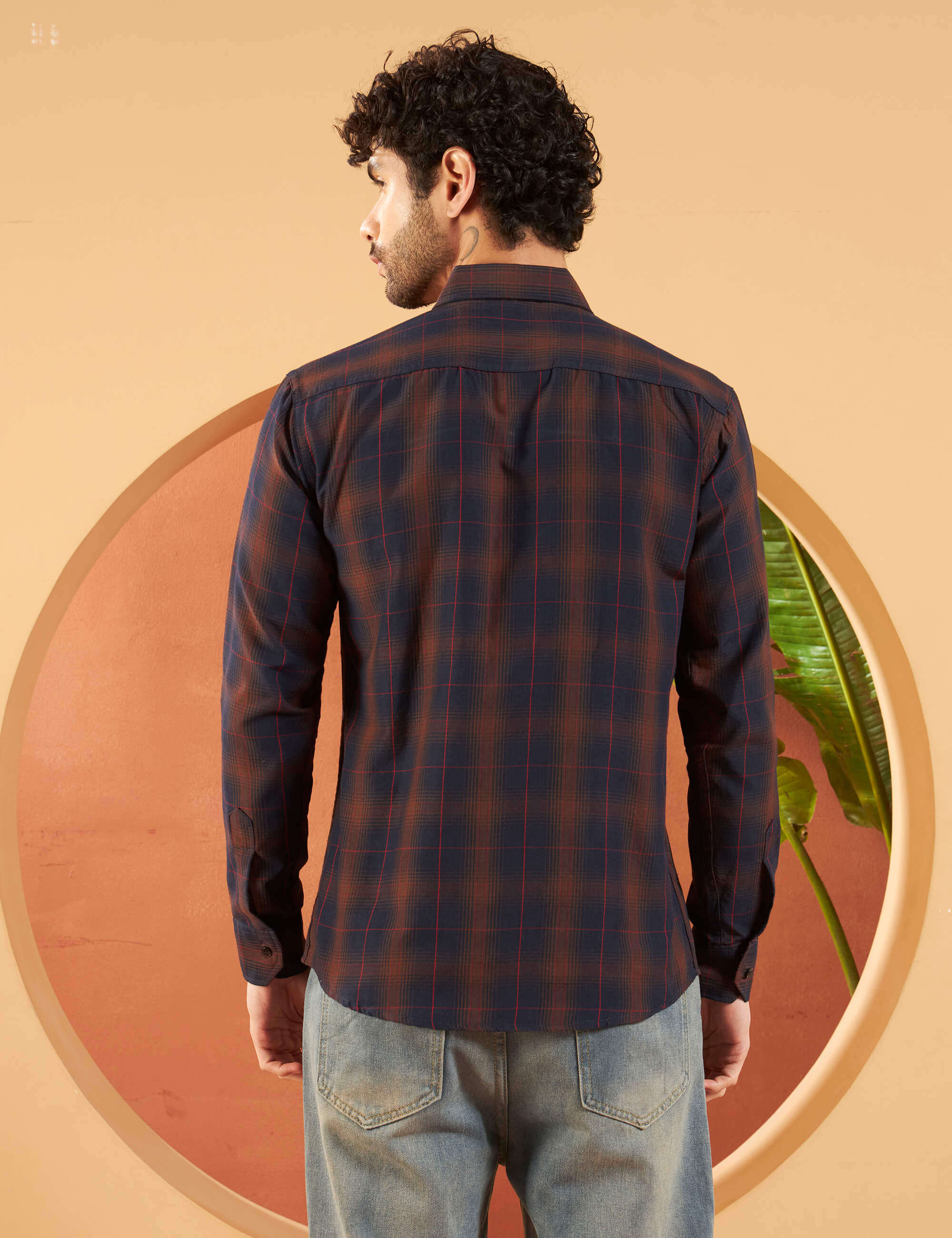Rust Navy Grid Cotton-Blend Shirt