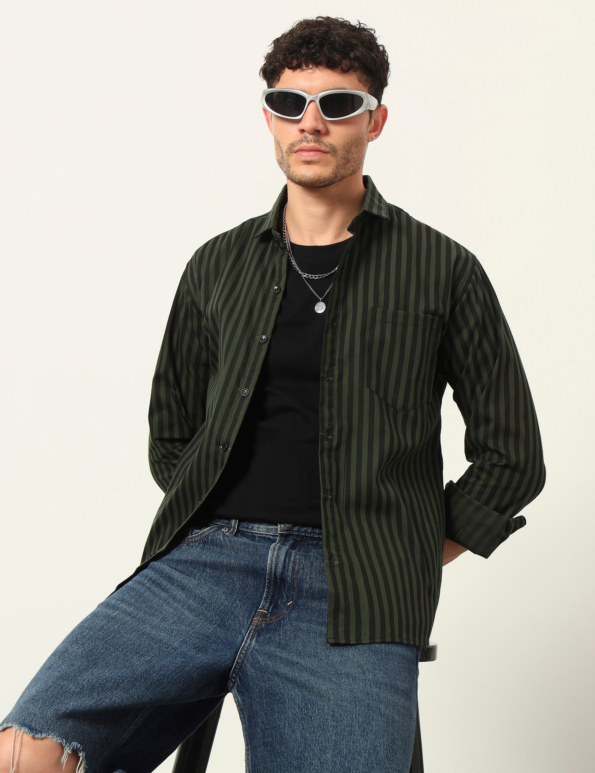 Inferno Stripes Casual Olive Green Cotton Blend Shirt