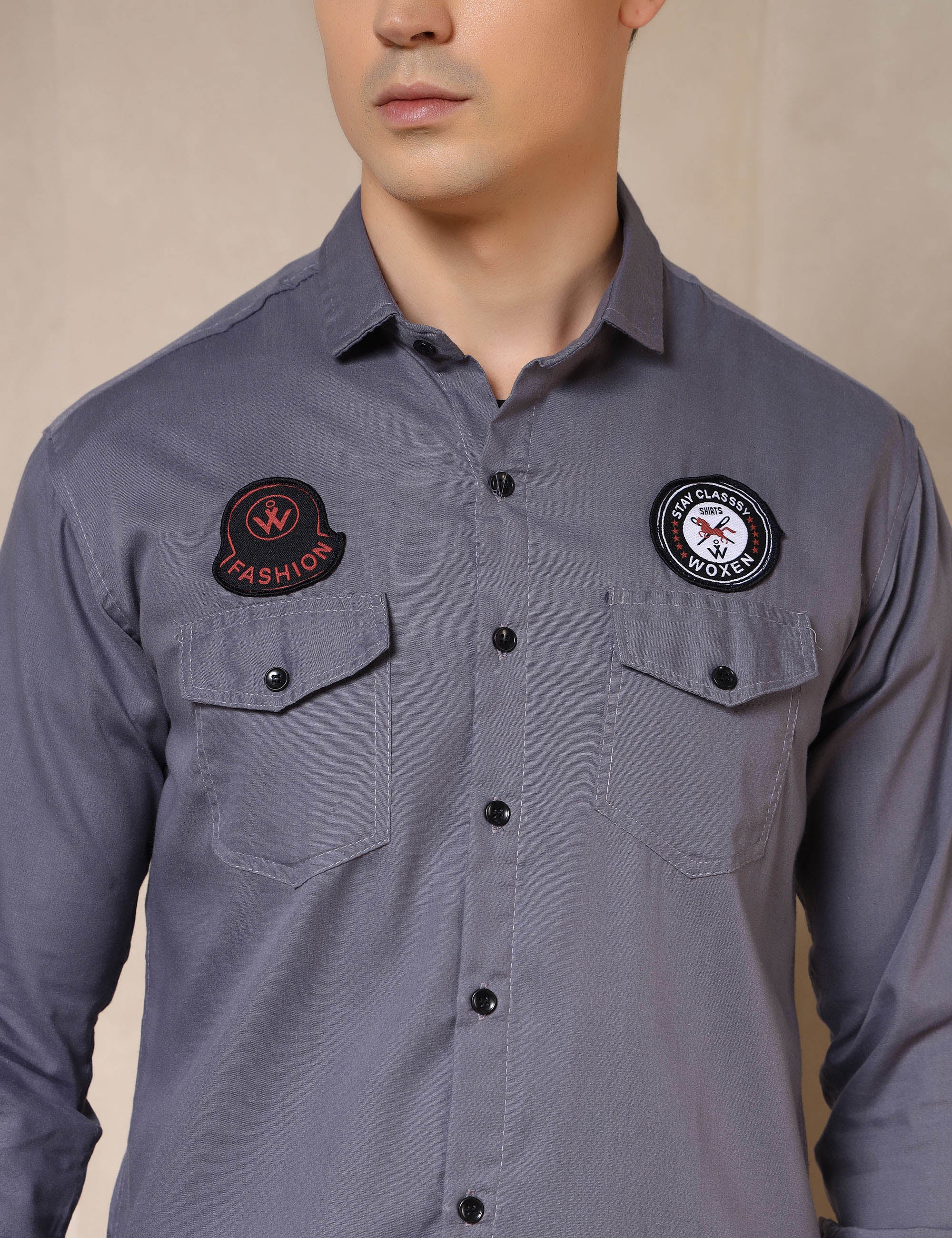 Urban Style Embroidery Patch Grey Cotton Blend Shirt