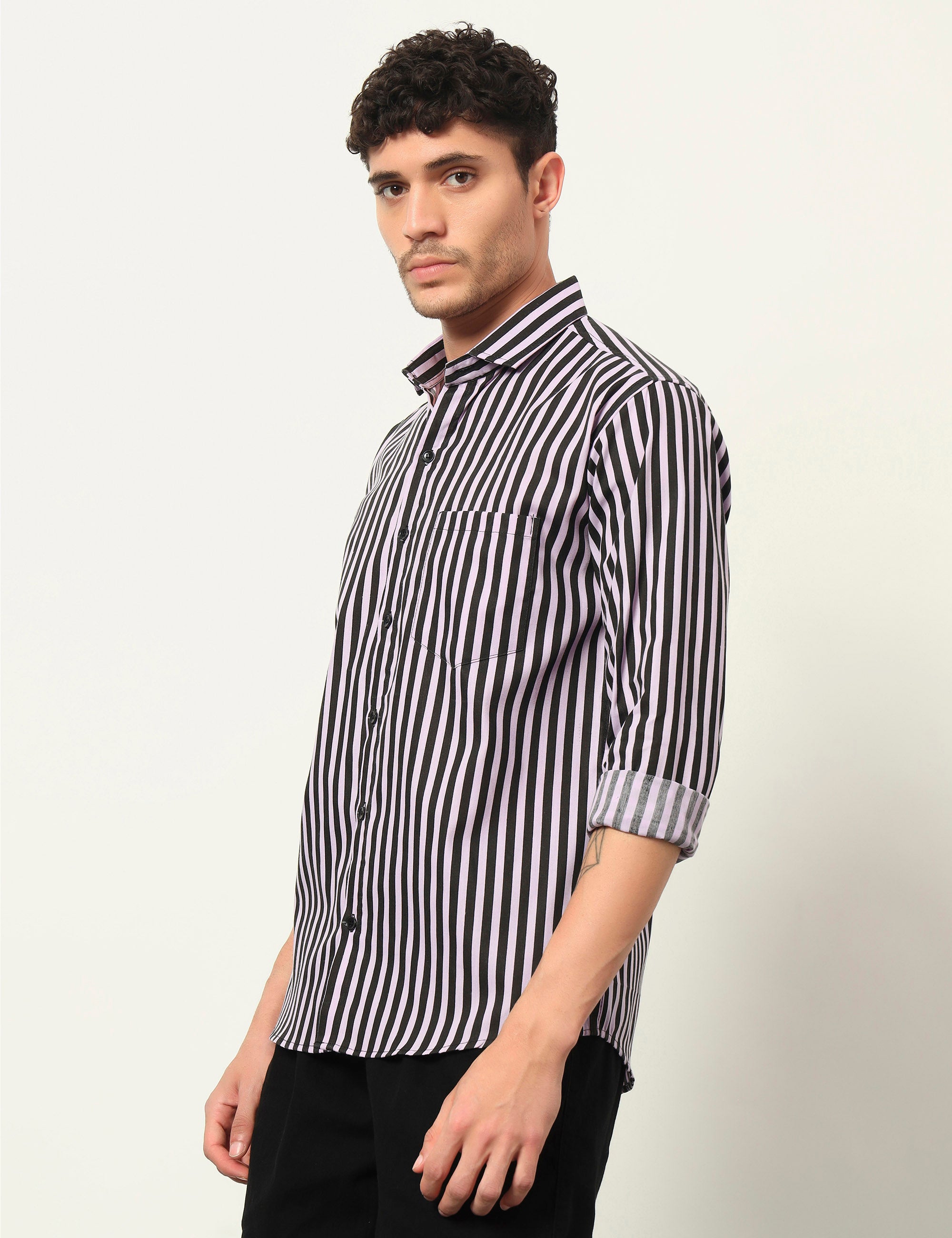 Inferno Stripes Casual Lavender Cotton Blend Shirt