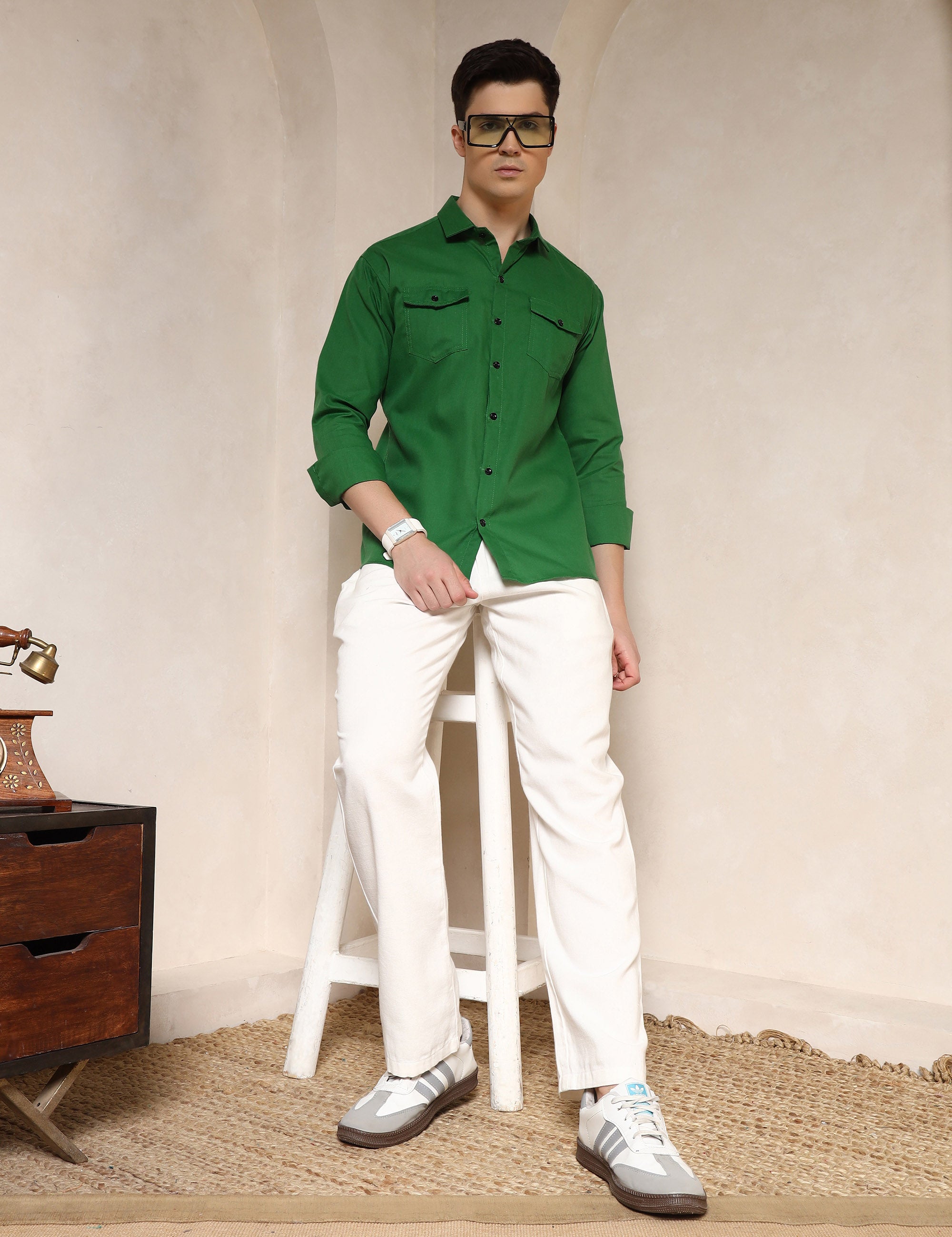 Classic Bright Green Dual Pocket Cotton Blend Shirt