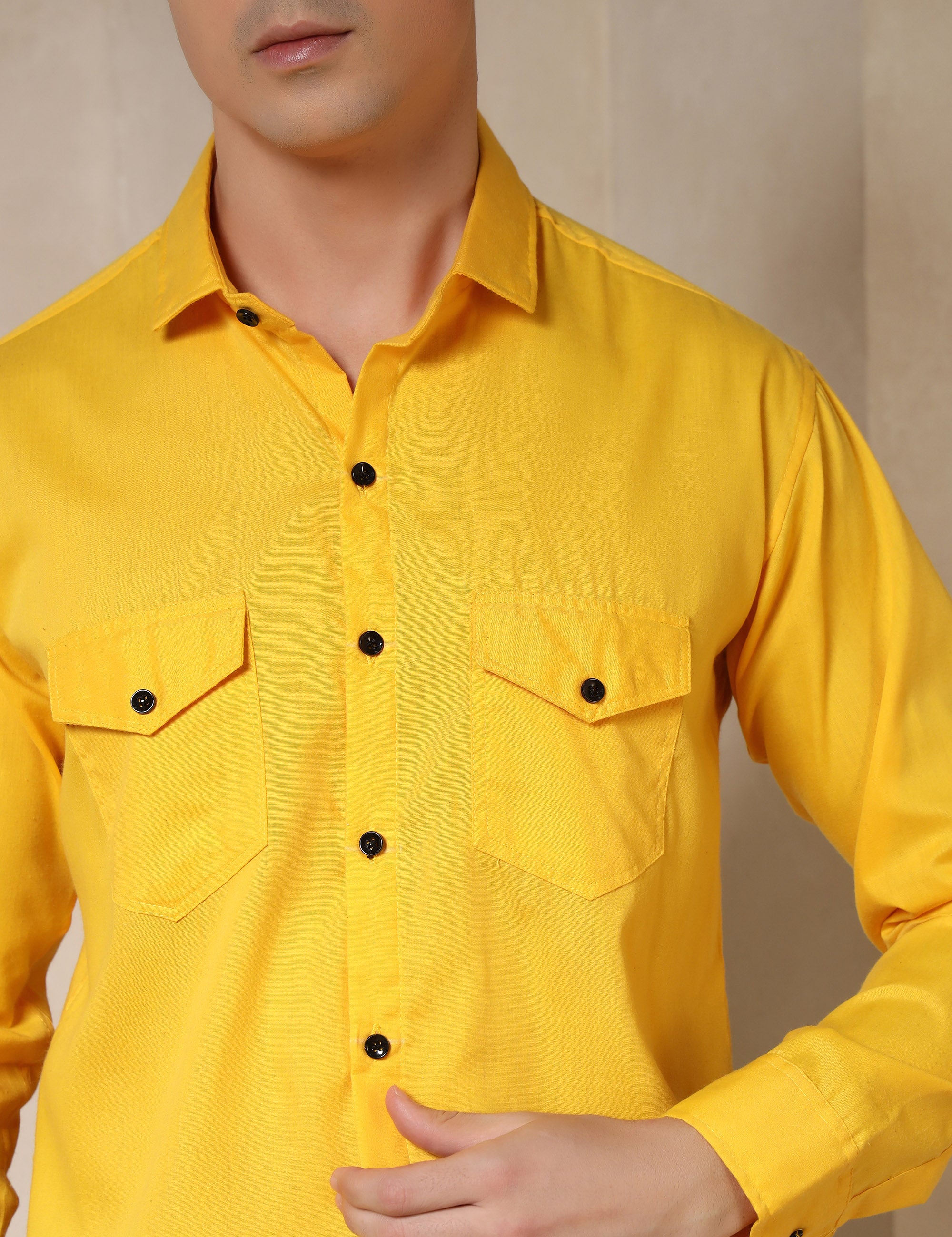 Classic Yellow Dual Pocket Cotton Blend Shirt