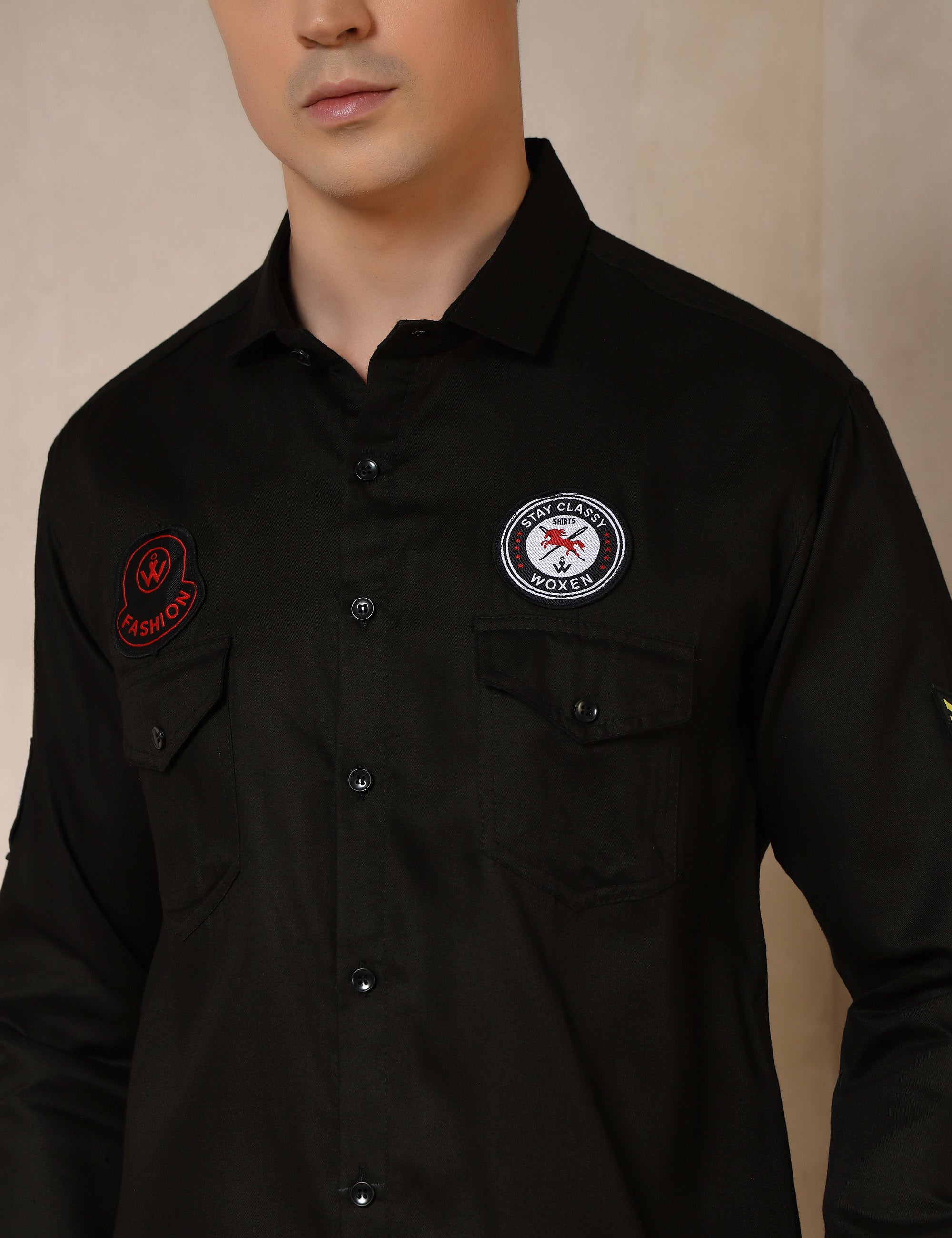 Urban Style Embroidery Patch Black Cotton Blend Shirt