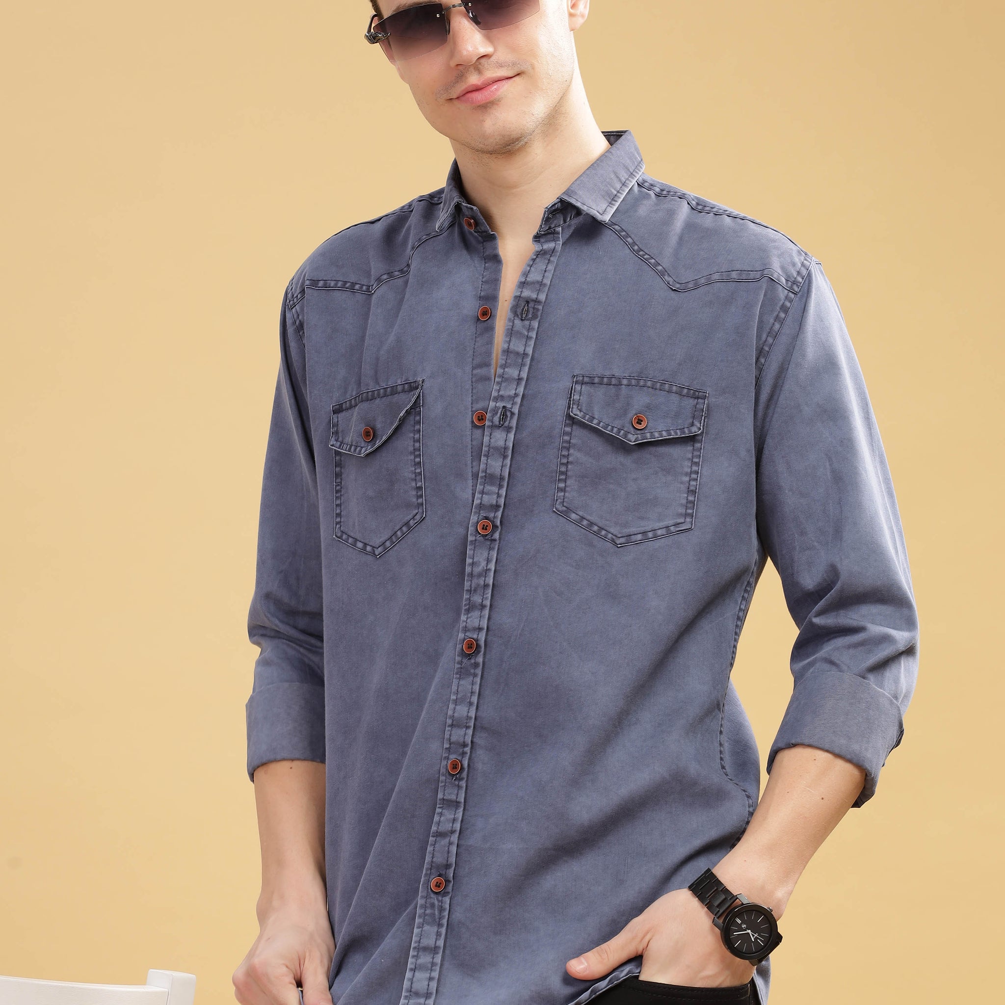 Men’s Washed Blue Denim Utility Shirt