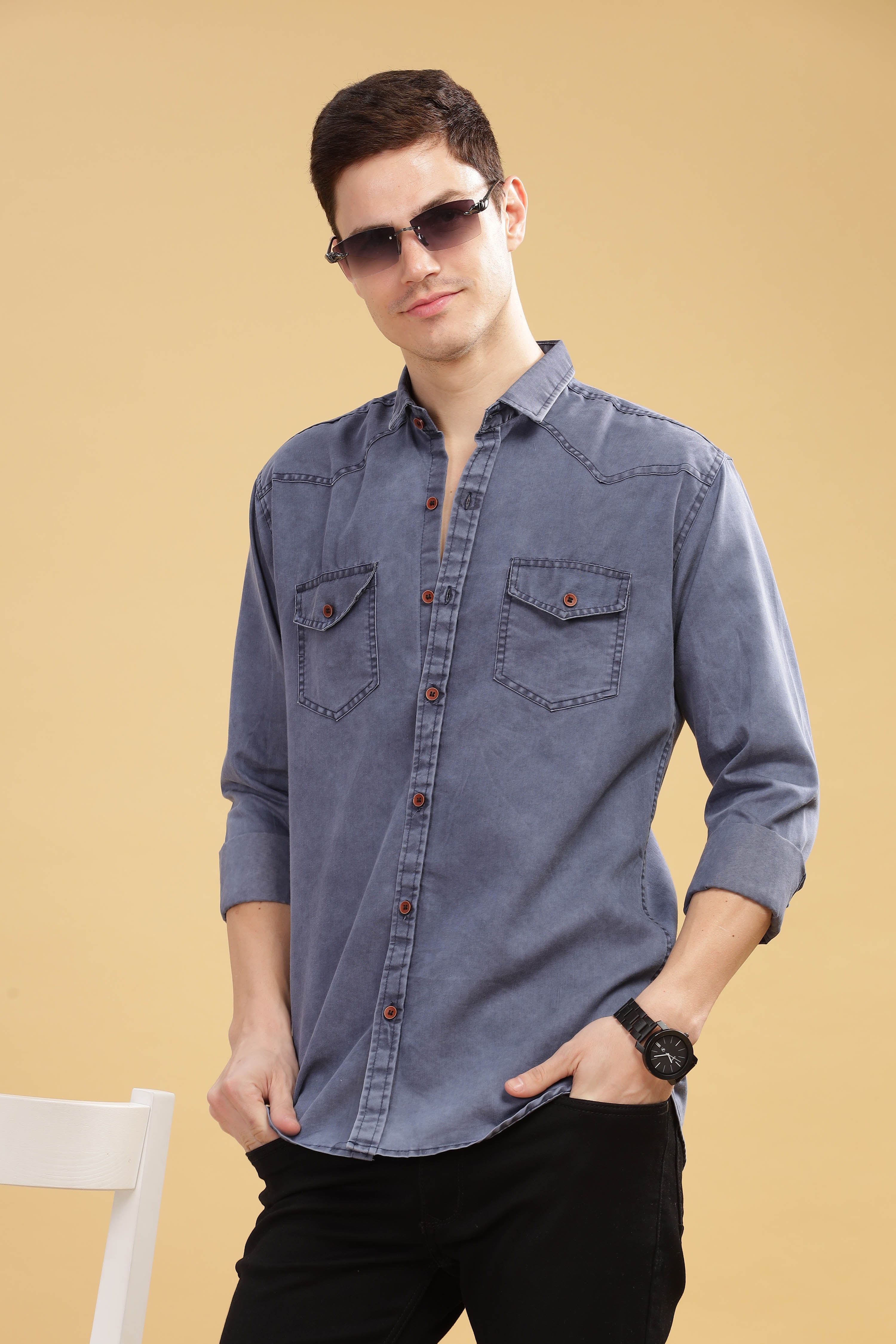 Men’s Washed Blue Denim Utility Shirt