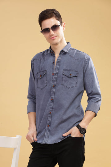 Men’s Washed Blue Denim Utility Shirt
