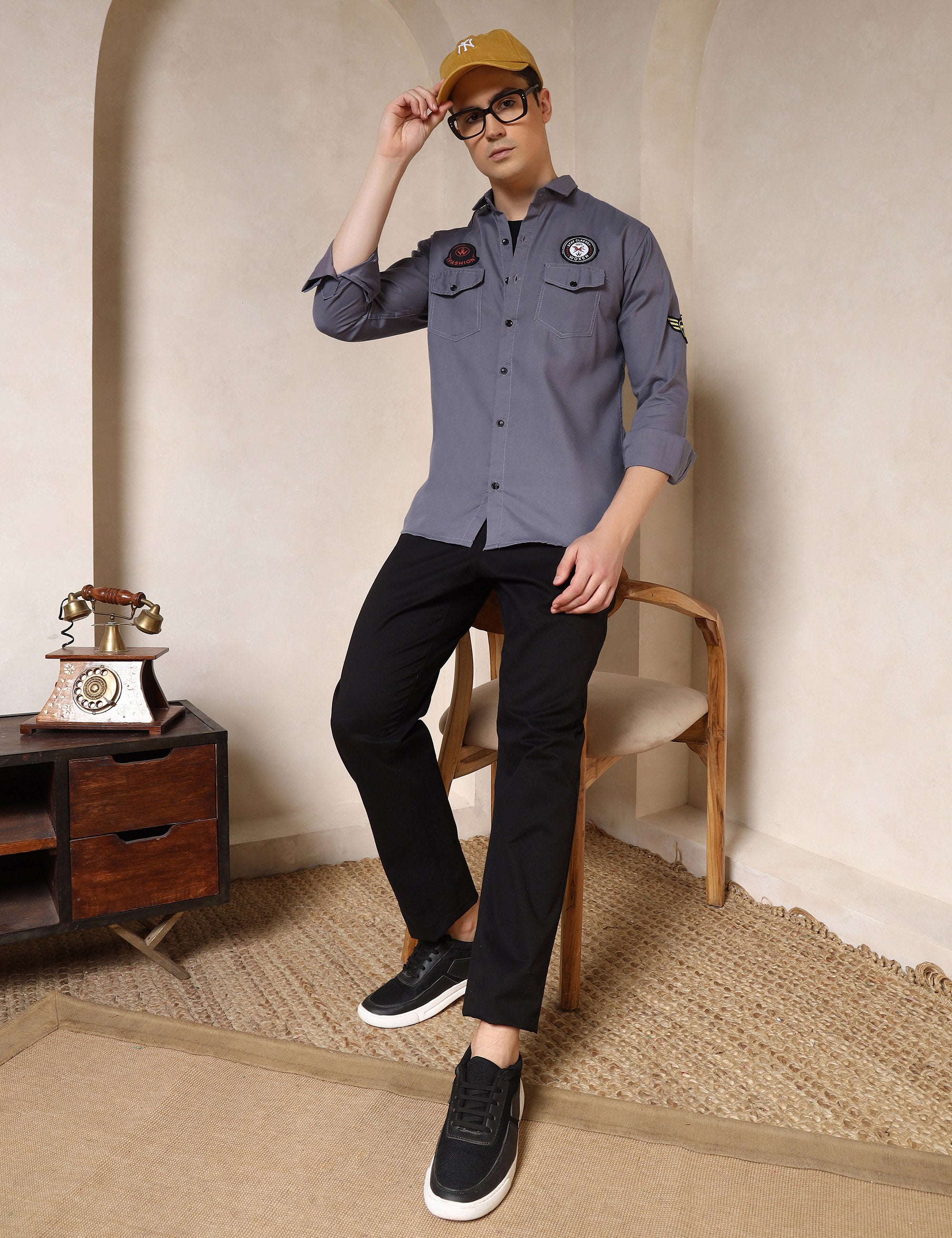 Urban Style Embroidery Patch Grey Cotton Blend Shirt