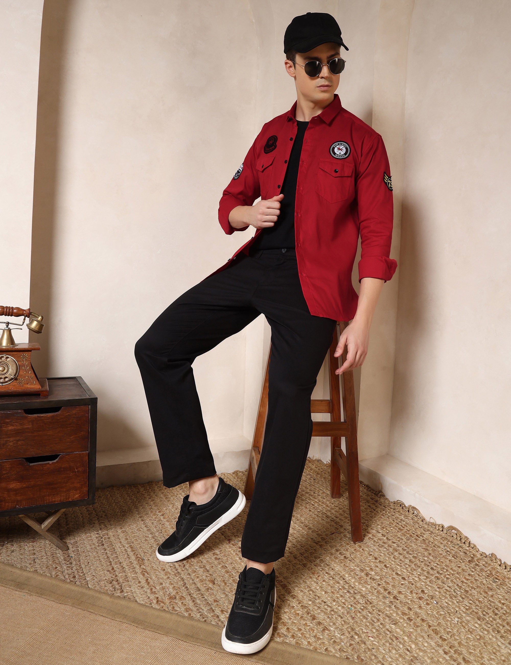Urban Style Embroidery Patch Red Cotton Blend Shirt