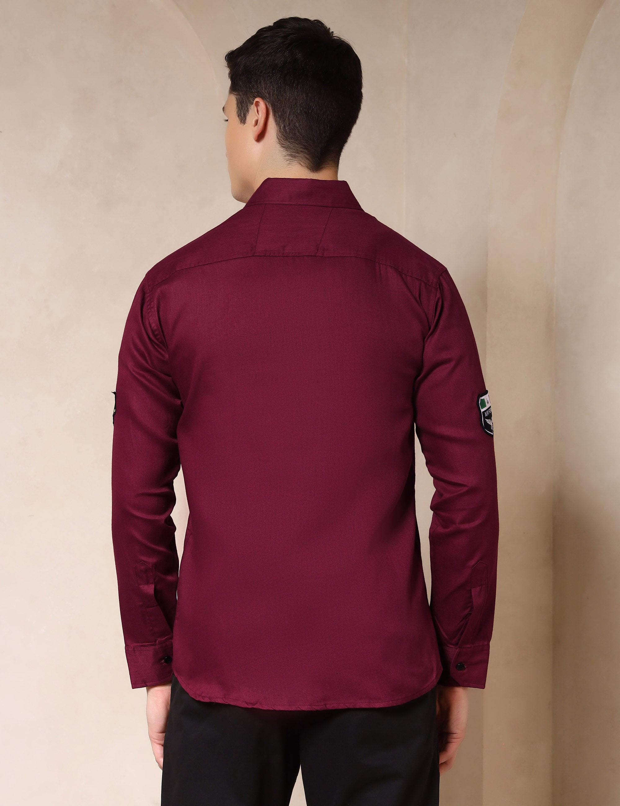 Urban Style Embroidery Patch Maroon Cotton Blend Shirt