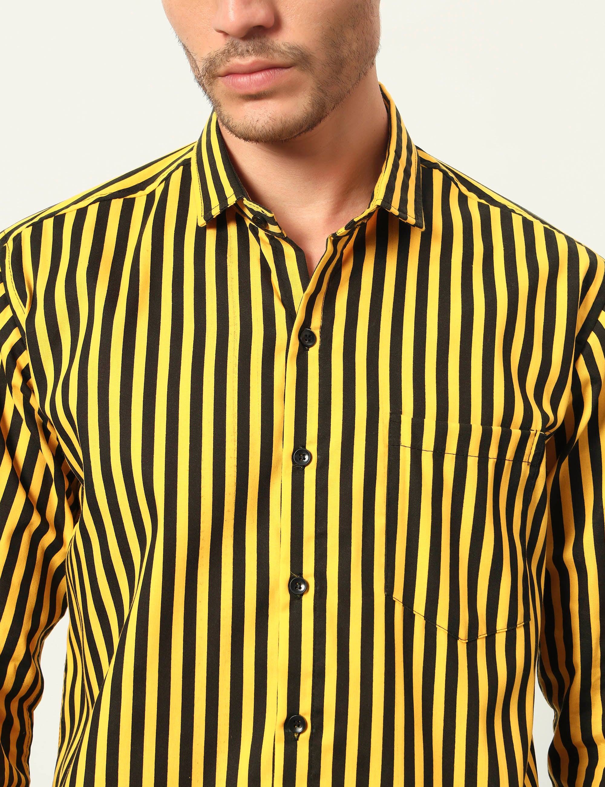 Inferno Stripes Casual Yellow Cotton Blend Shirt