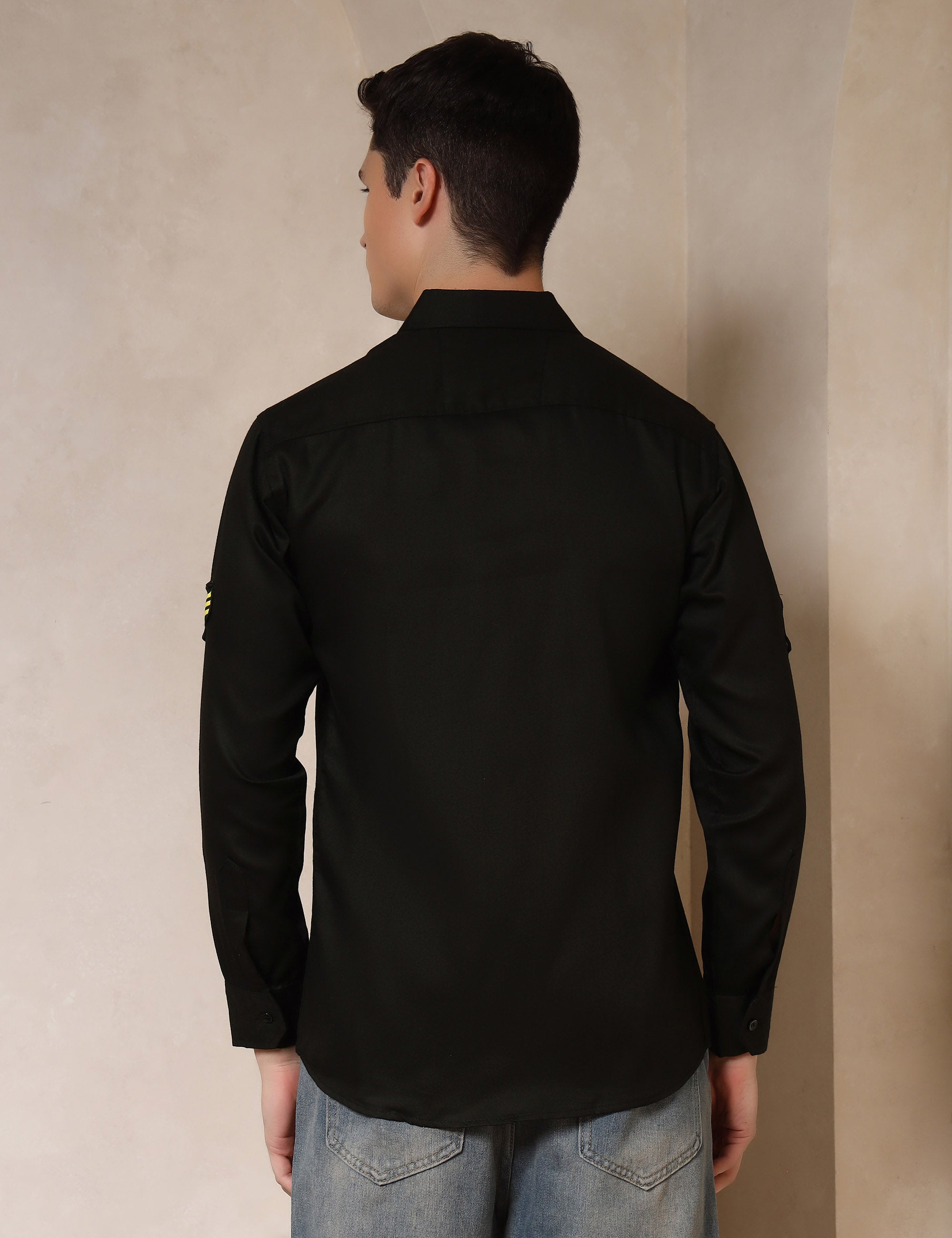 Urban Style Embroidery Patch Black Cotton Blend Shirt