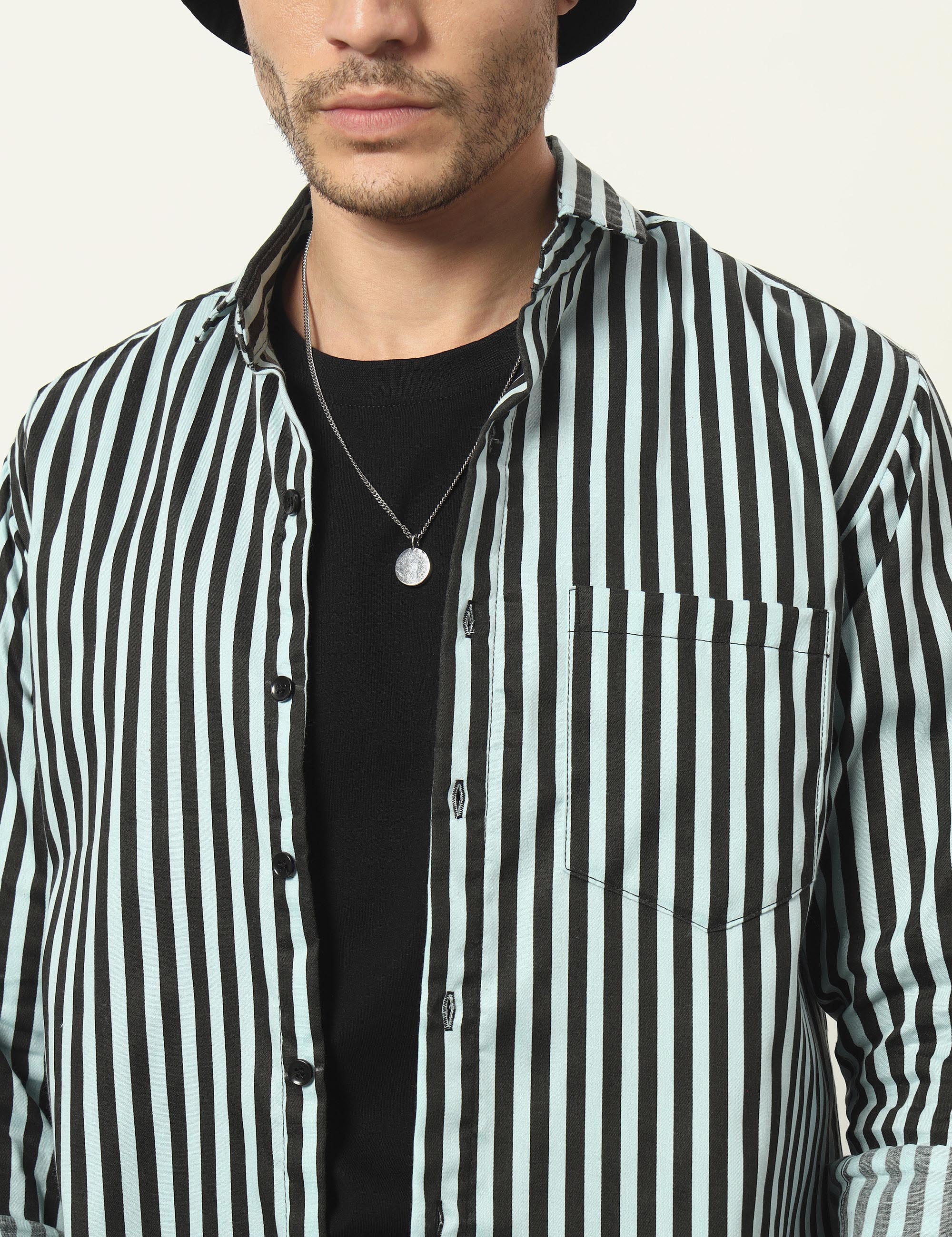 Inferno Stripes Casual Sea Green Cotton Blend Shirt