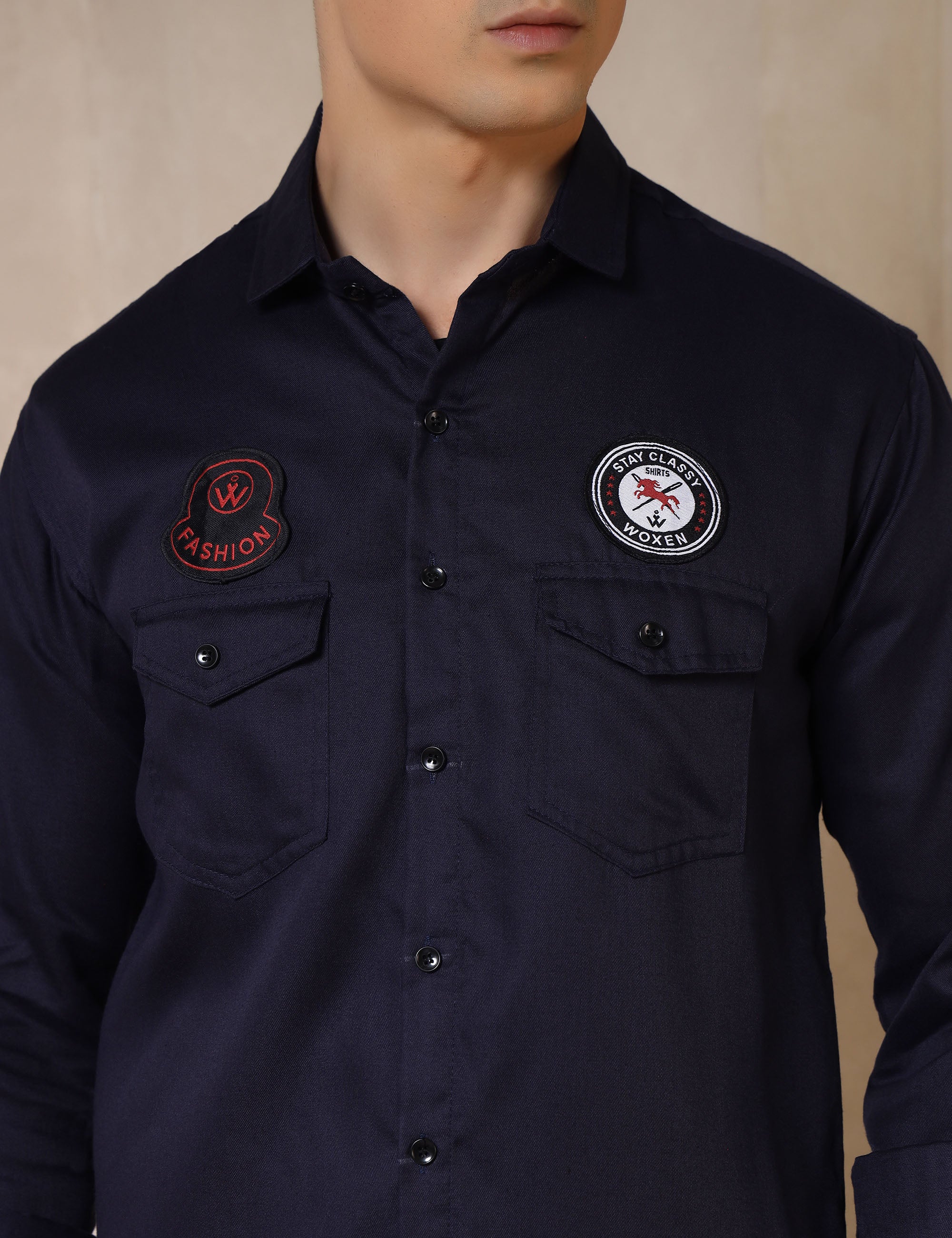 Urban Style Embroidery Patch Navy Blue Cotton Blend Shirt