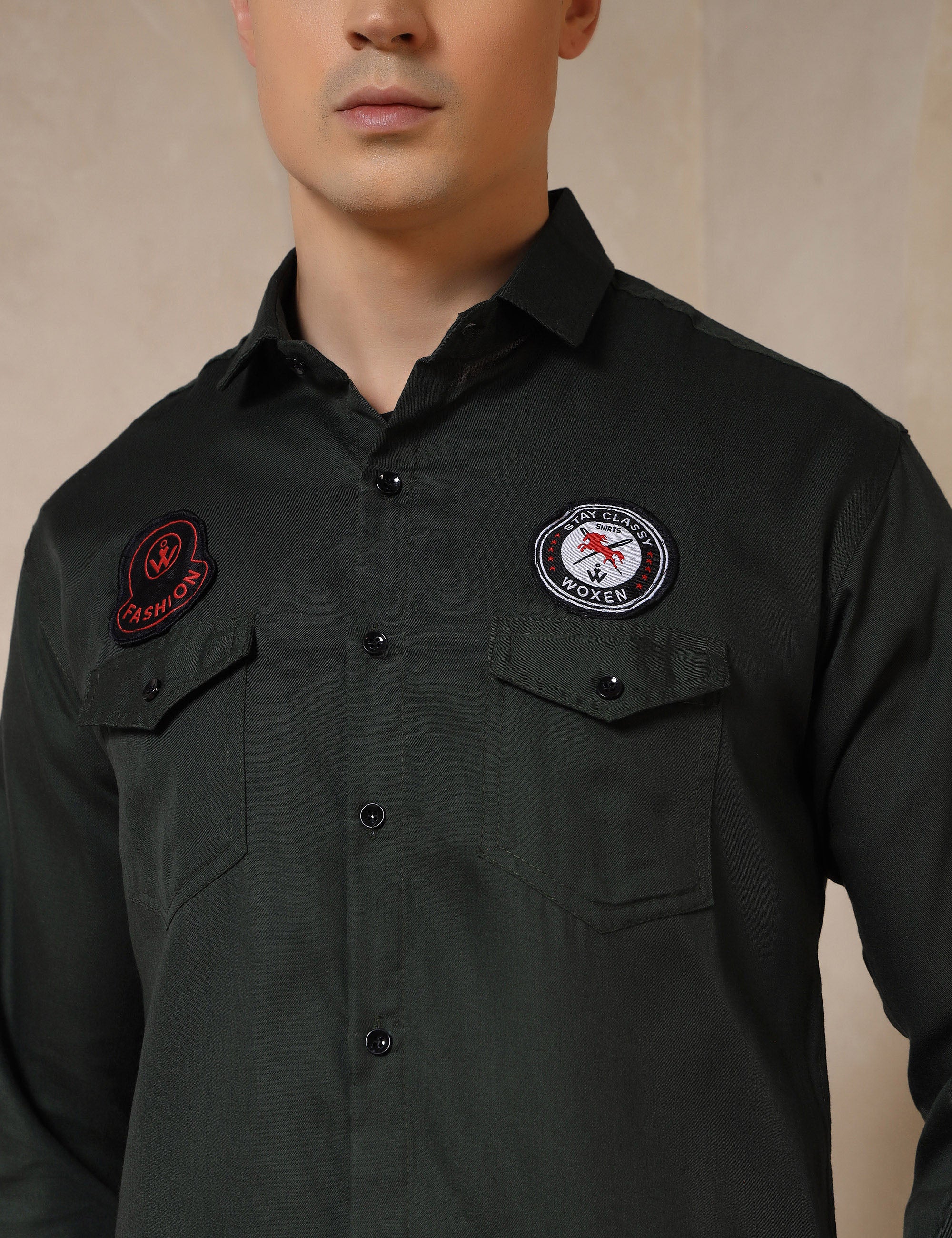 Urban Style Embroidery Patch Olive Green Cotton Blend Shirt