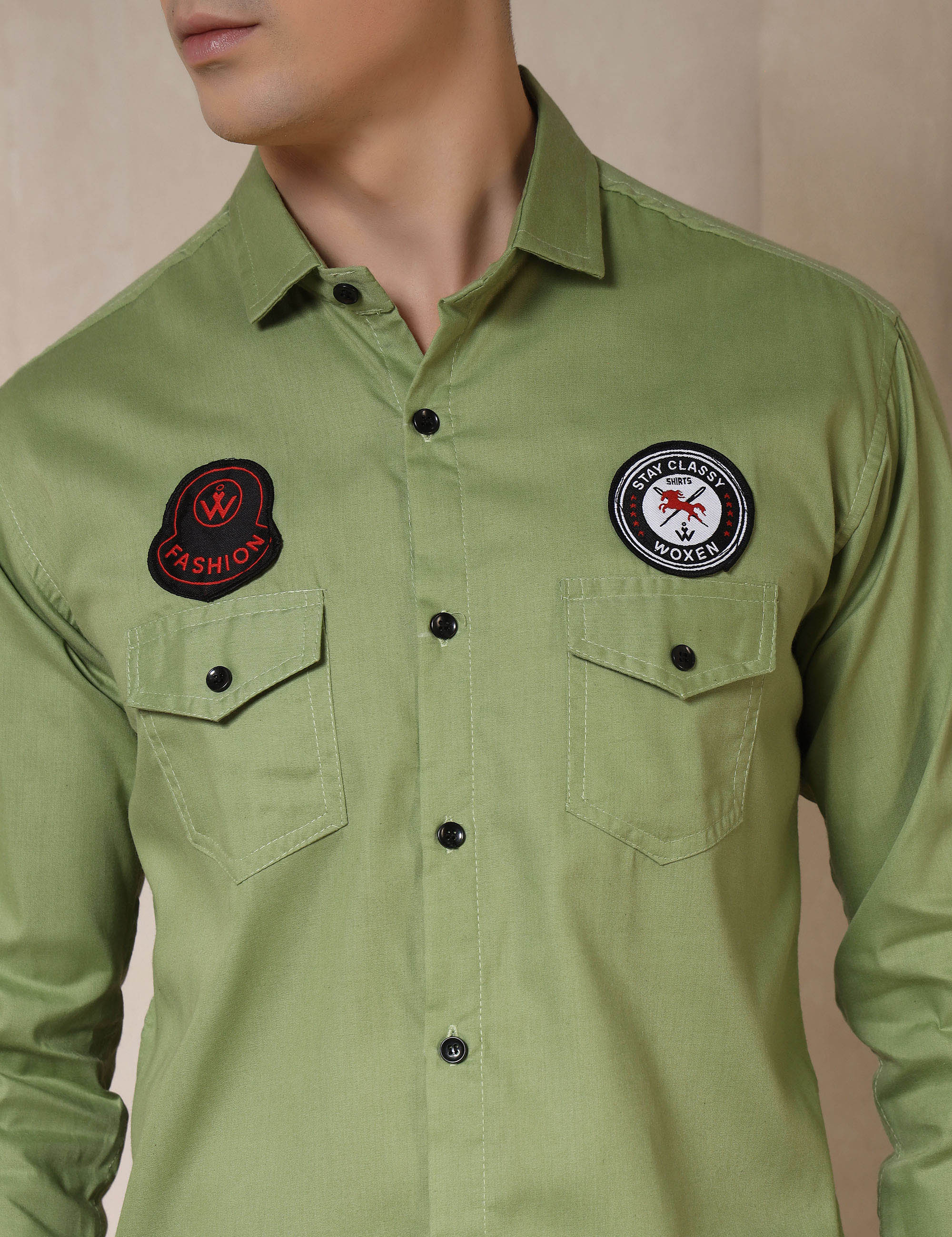 Urban Style Embroidery Patch Light Green Cotton Blend Shirt