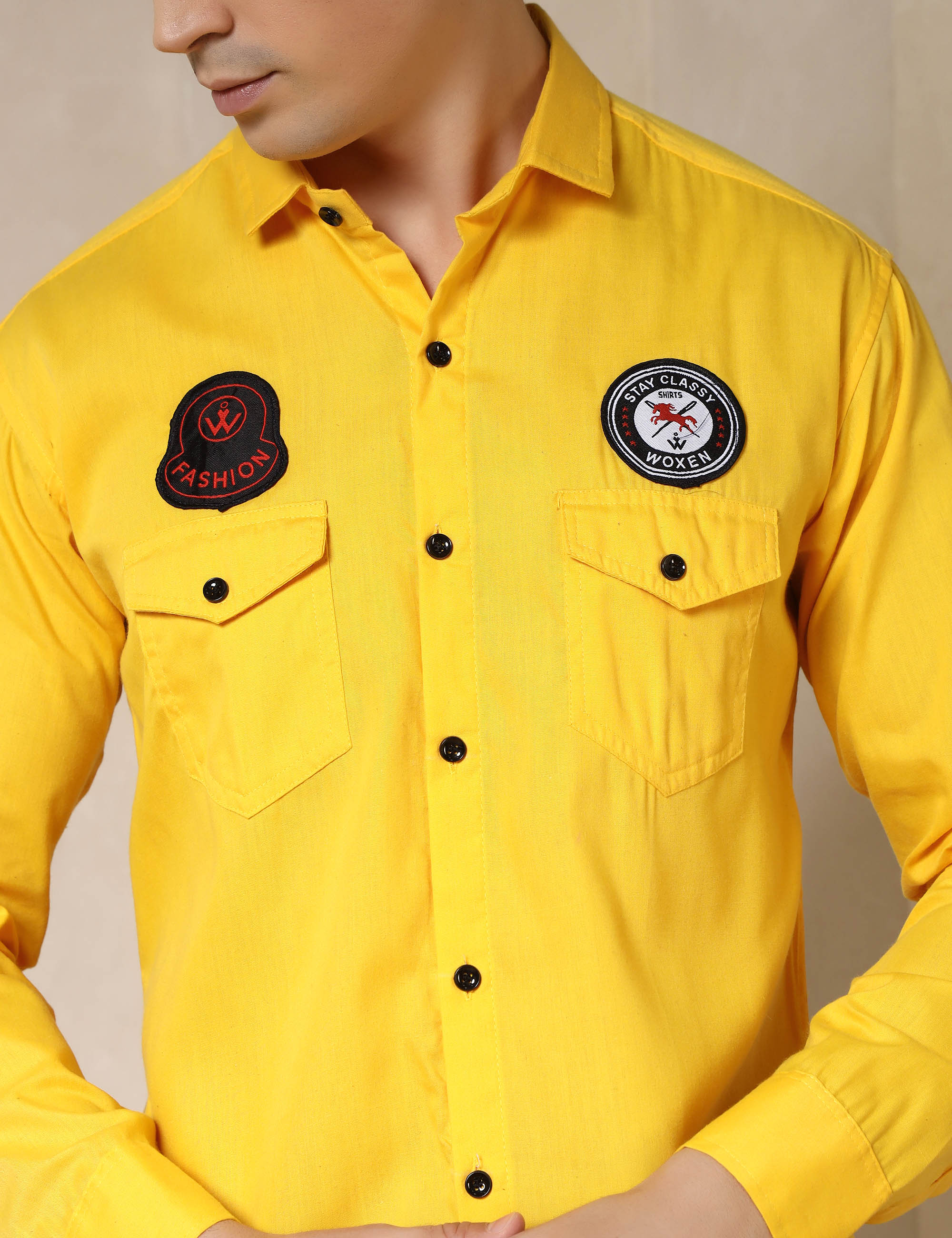 Urban Style Embroidery Patch Yellow Cotton Blend Shirt