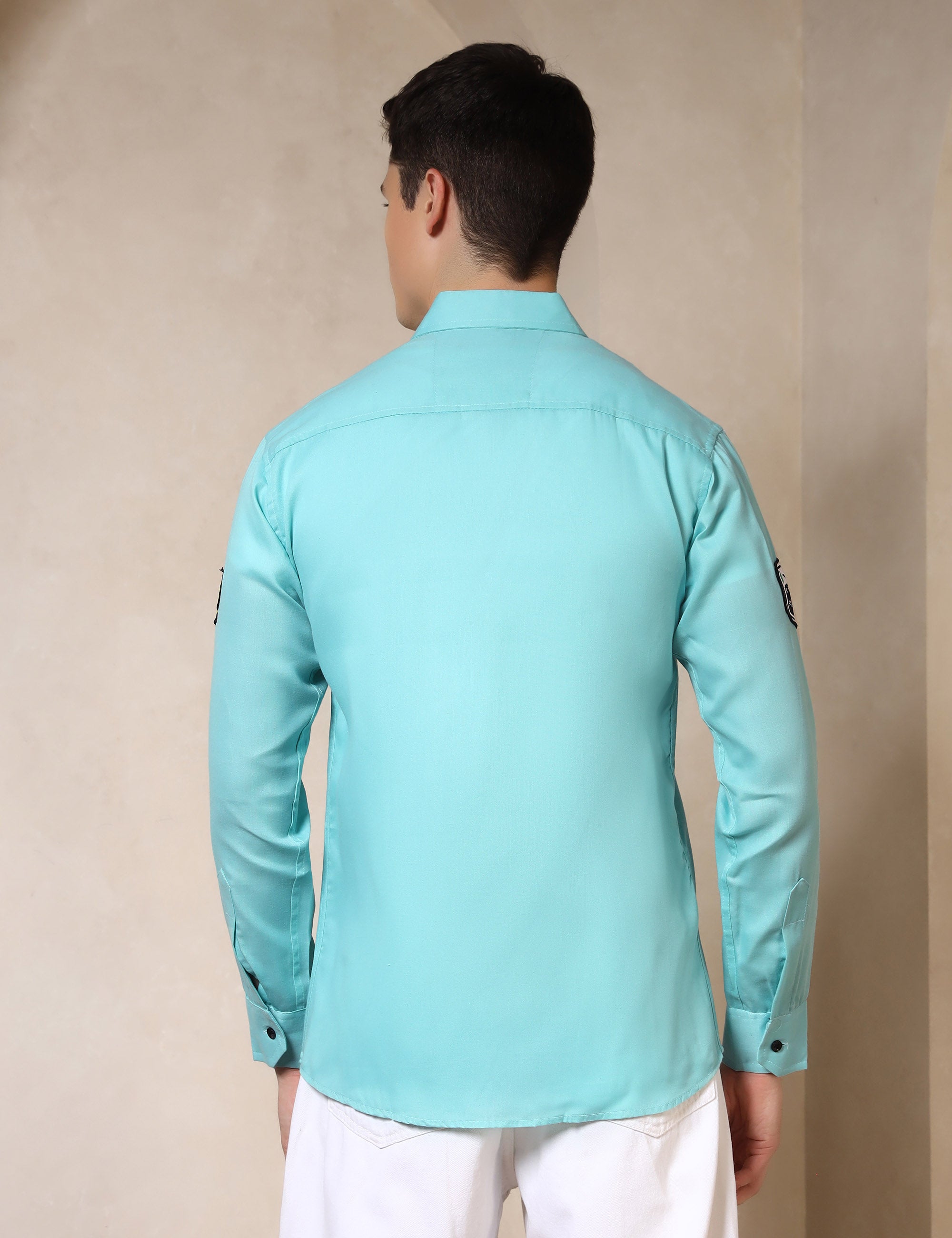 Urban Style Embroidery Patch Sea Green Cotton Blend Shirt