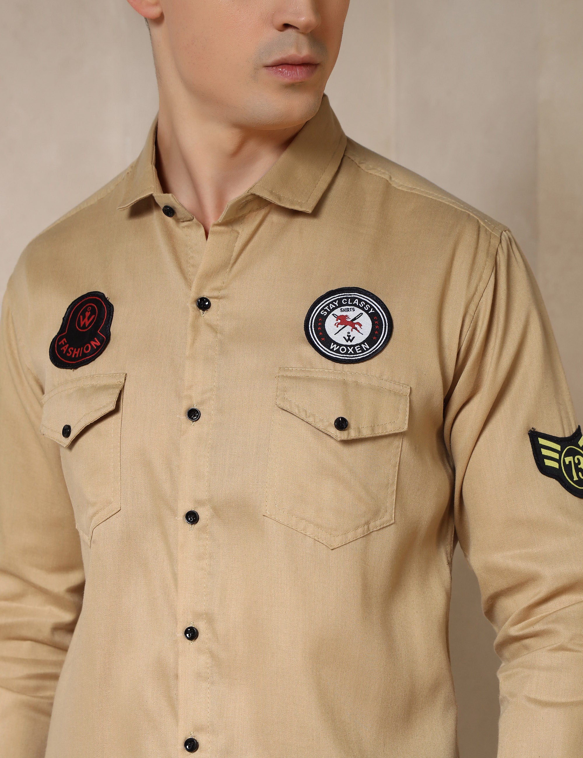 Urban Style Embroidery Patch Ochre Yellow Cotton Blend Shirt