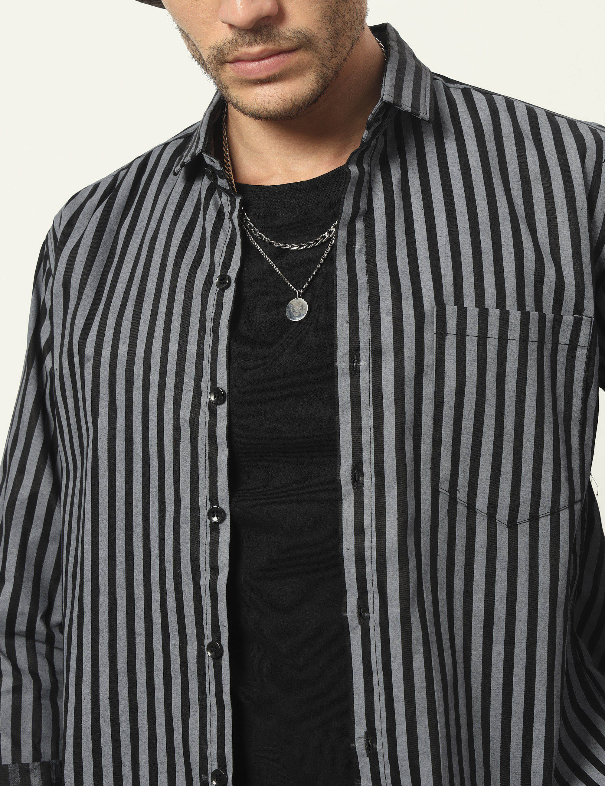 Inferno Stripes Casual Grey Cotton Blend Shirt