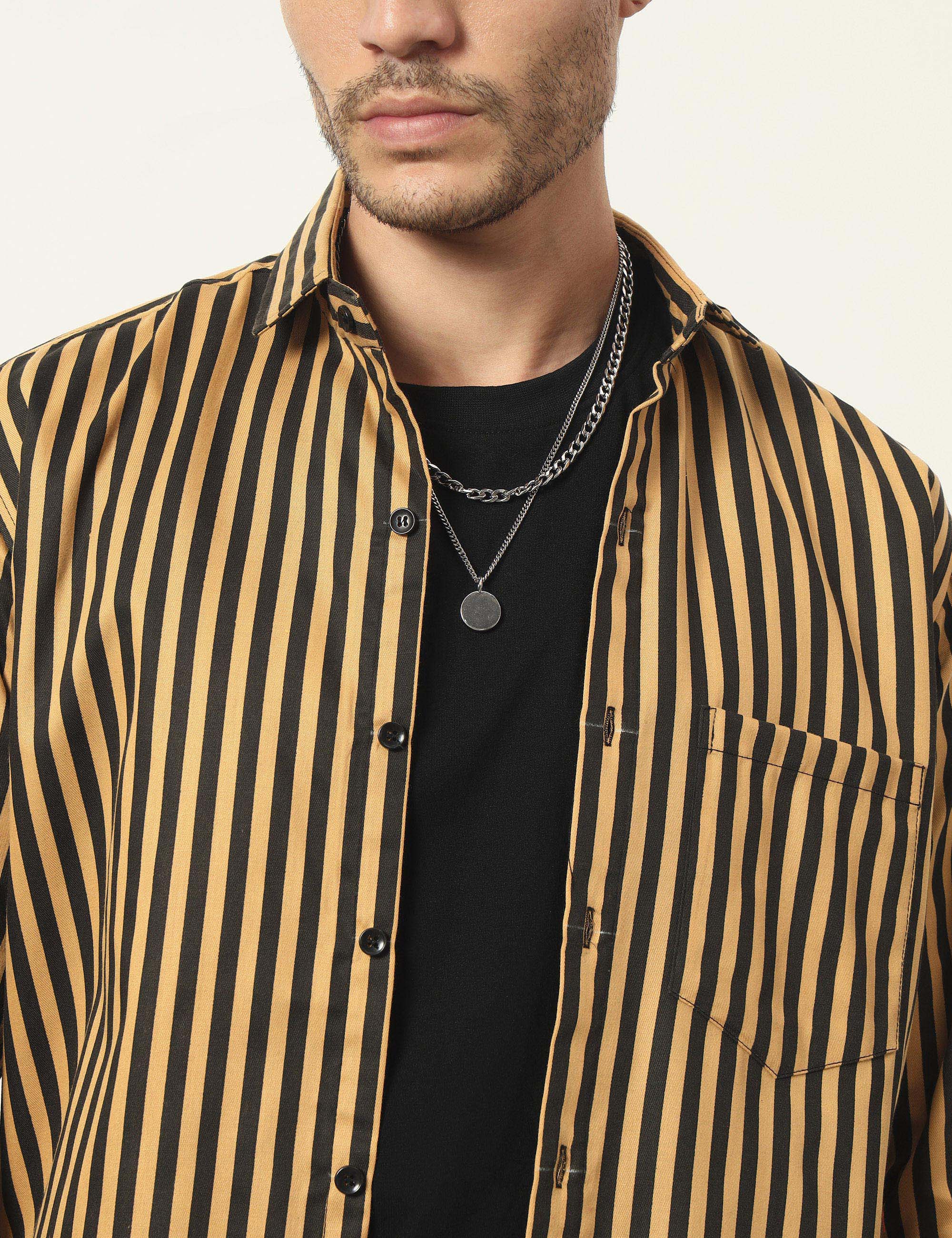 Inferno Stripes Casual Ochre Yellow Cotton Blend Shirt