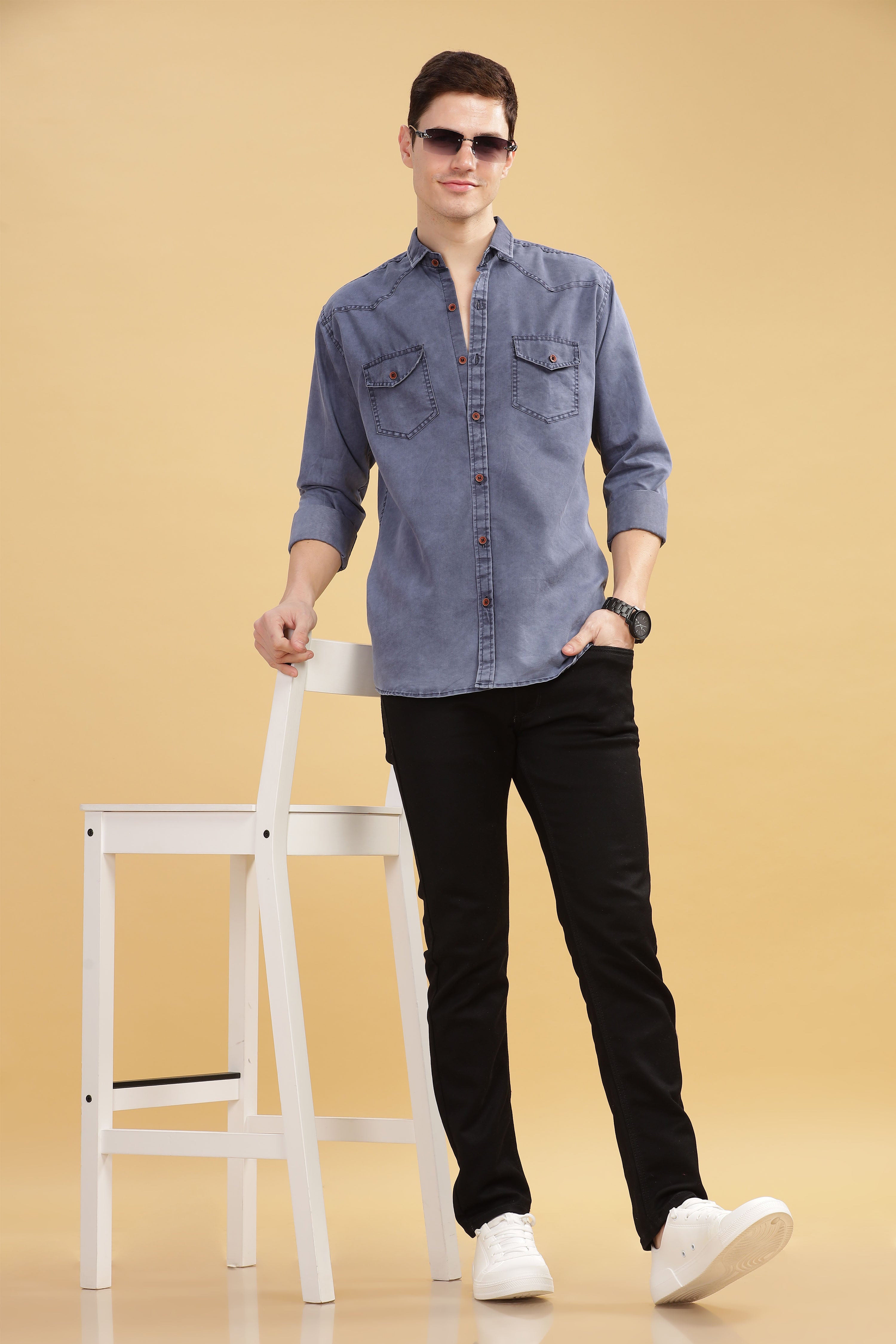 Men’s Washed Blue Denim Utility Shirt