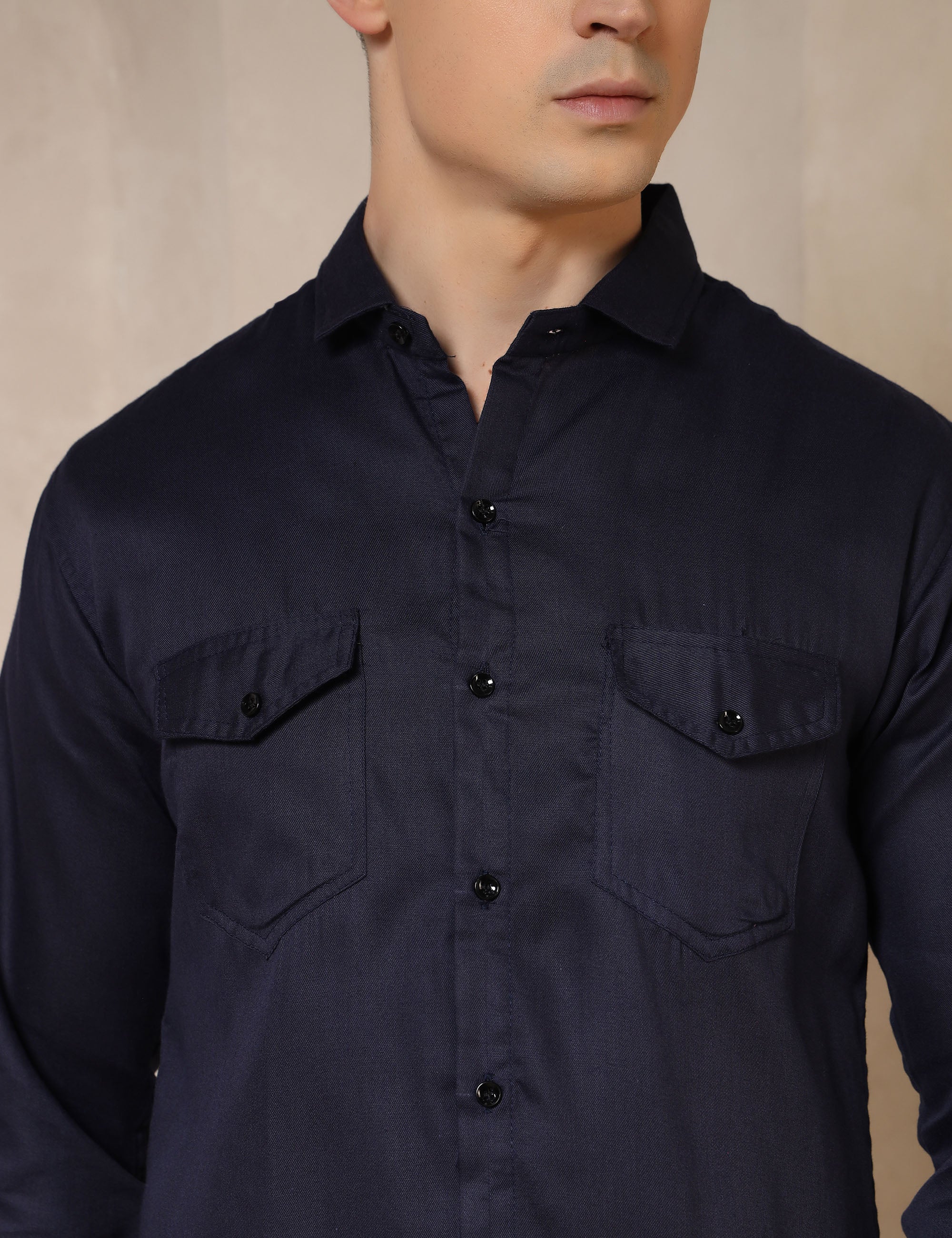 Classic Navy Blue Dual Pocket Cotton Blend Shirt