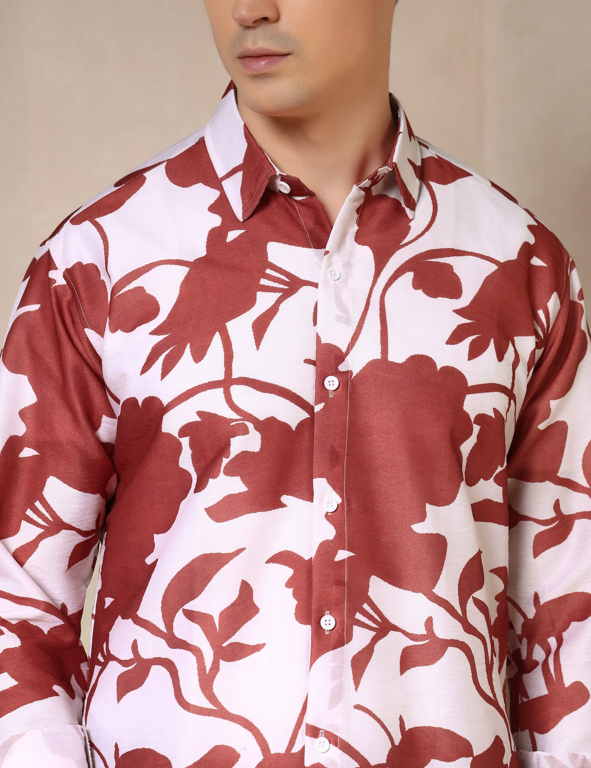 Rust Floral Silhouette Cotton Blend Casual Shirt