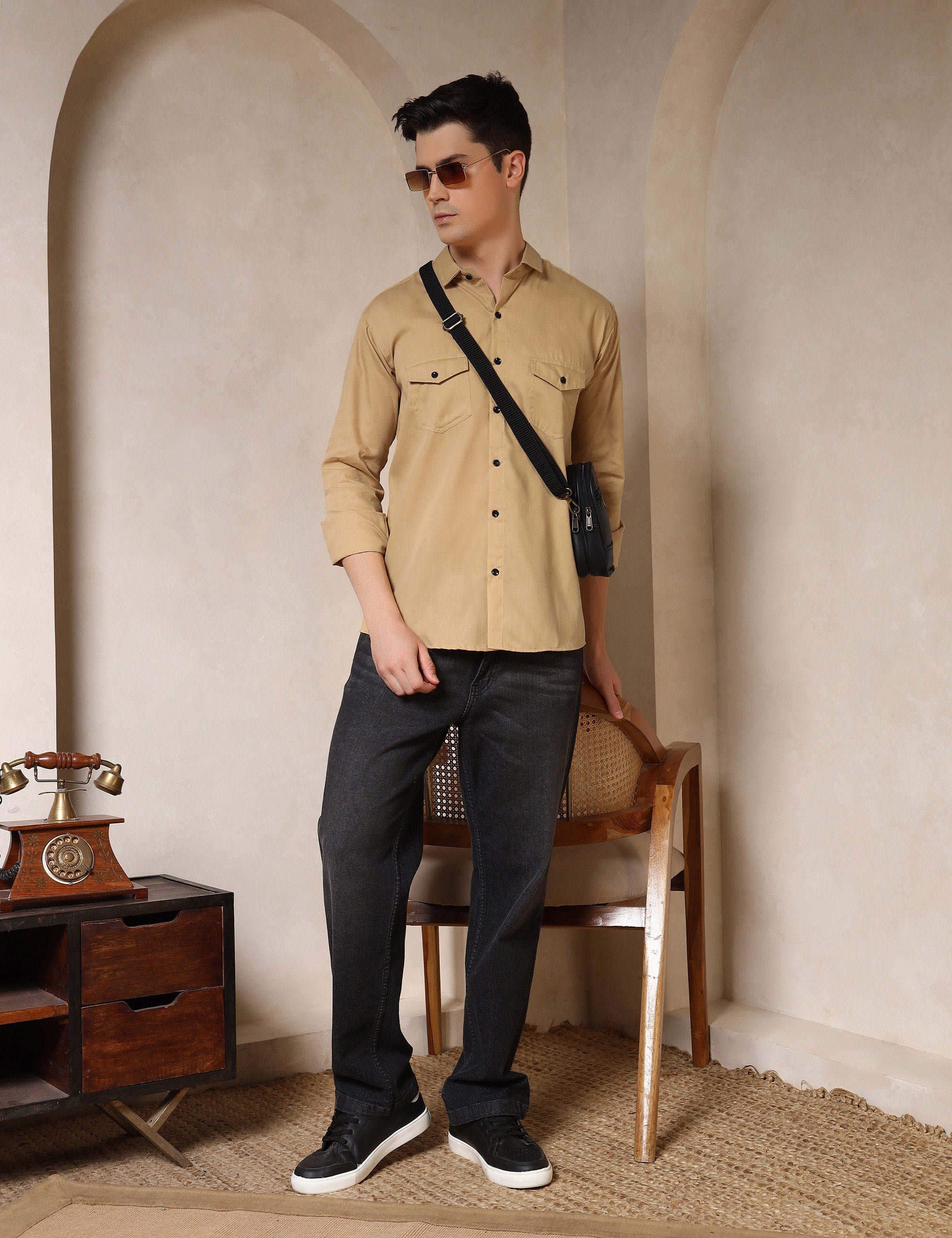 Classic Ochre Yellow Dual Pocket Cotton Blend Shirt