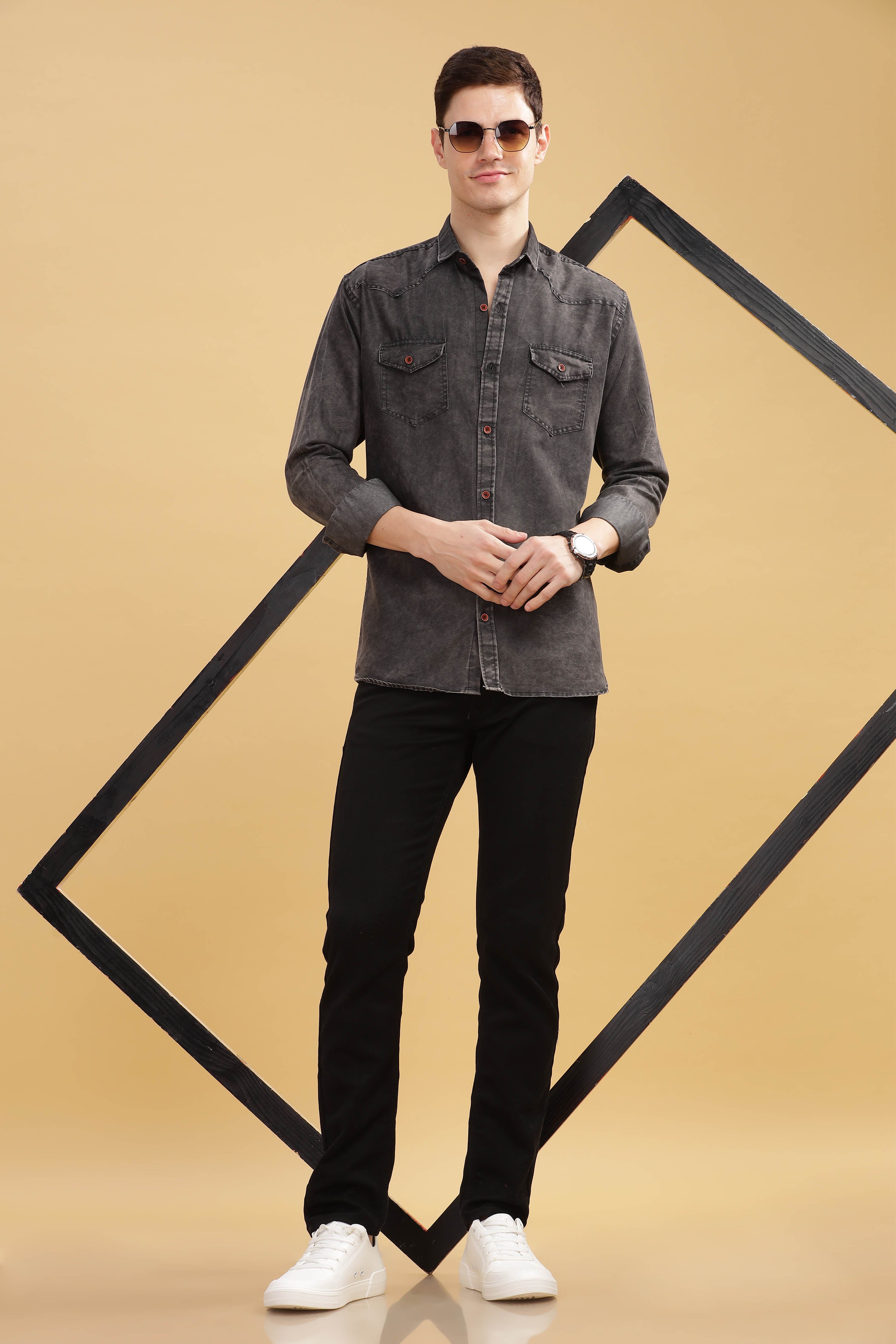 Men’s Washed Black Denim Utility Shirt