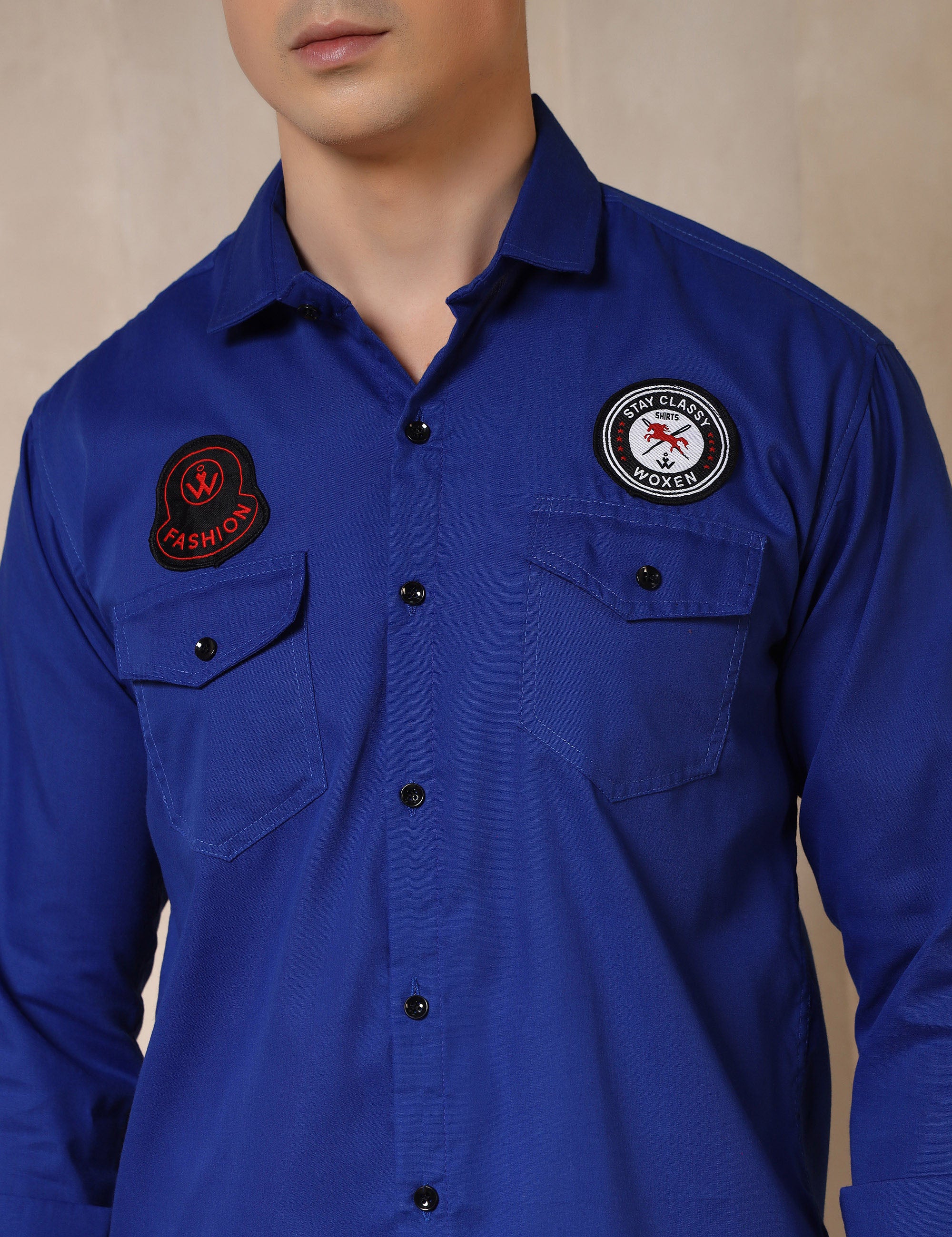 Urban Style Embroidery Patch Royal Blue Cotton Blend Shirt