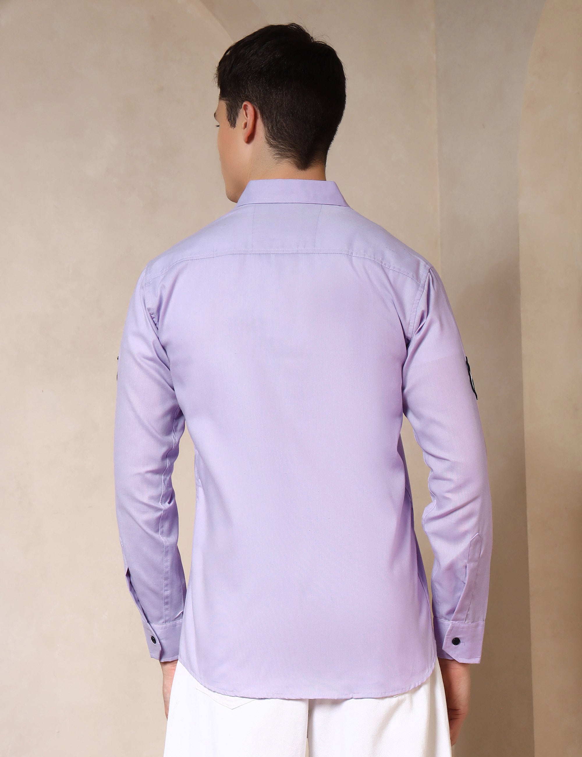 Urban Style Embroidery Patch Lavender Cotton Blend Shirt