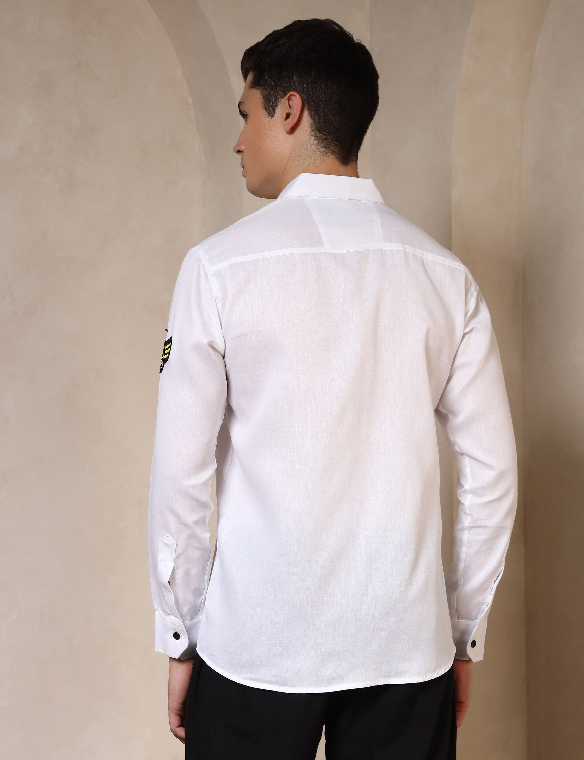 Urban Style Embroidery Patch White Cotton Blend Shirt