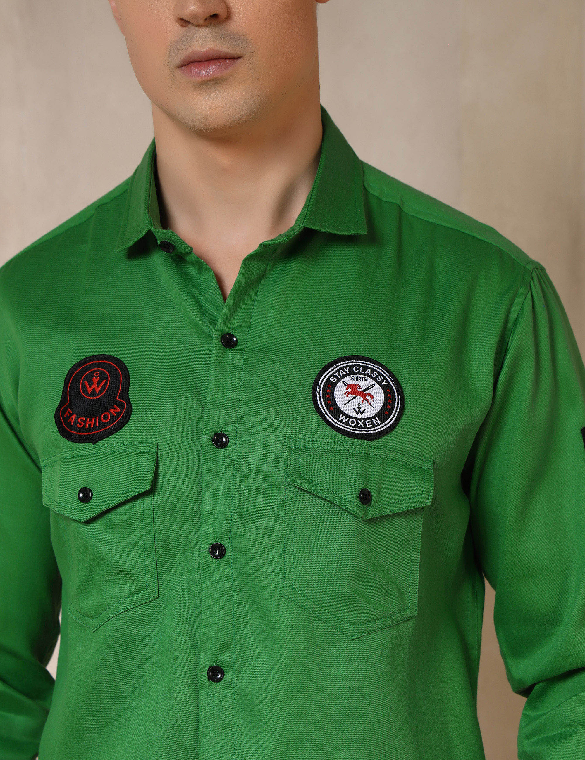 Urban Style Embroidery Patch Bright Green Cotton Blend Shirt