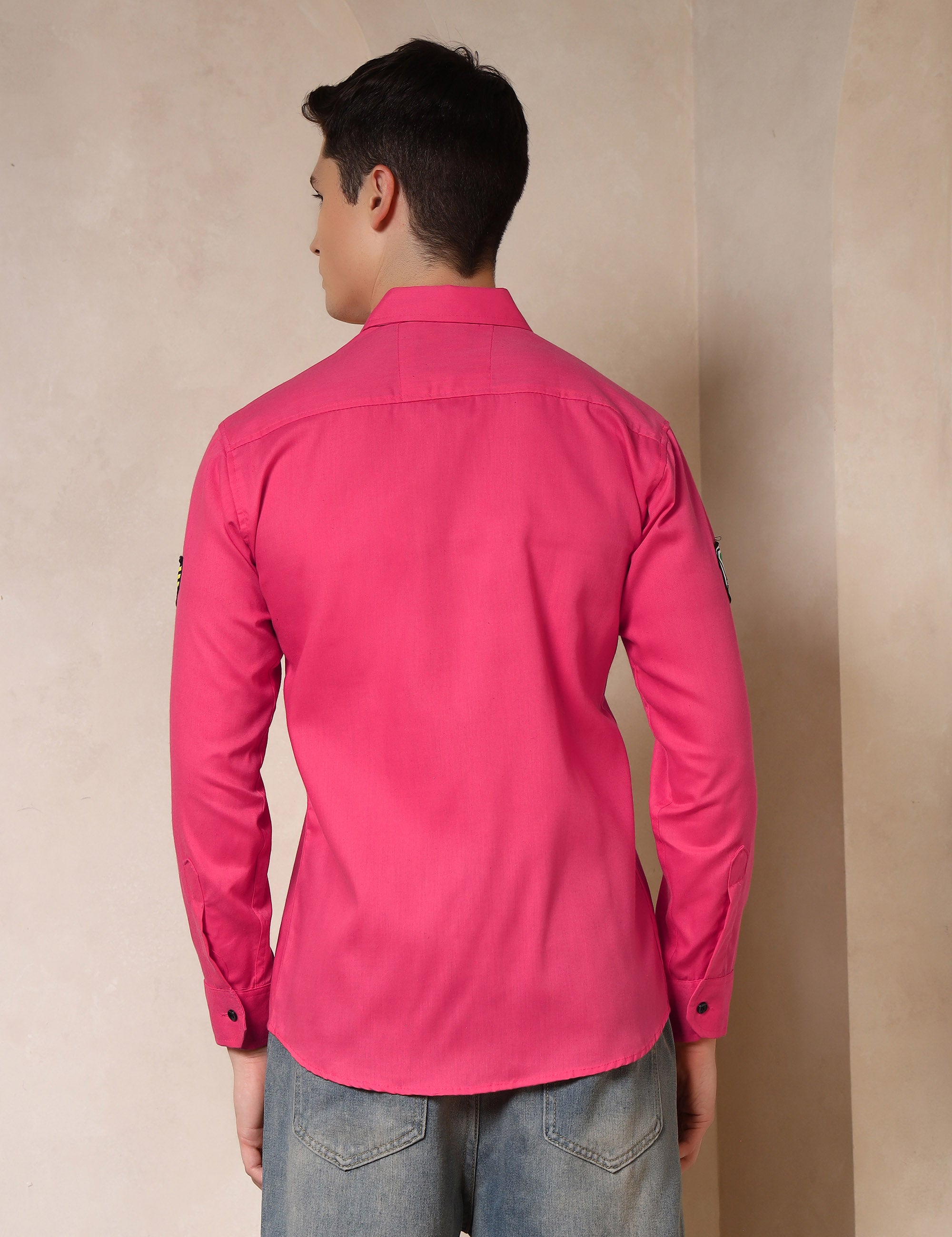 Urban Style Embroidery Patch Pink Cotton Blend Shirt