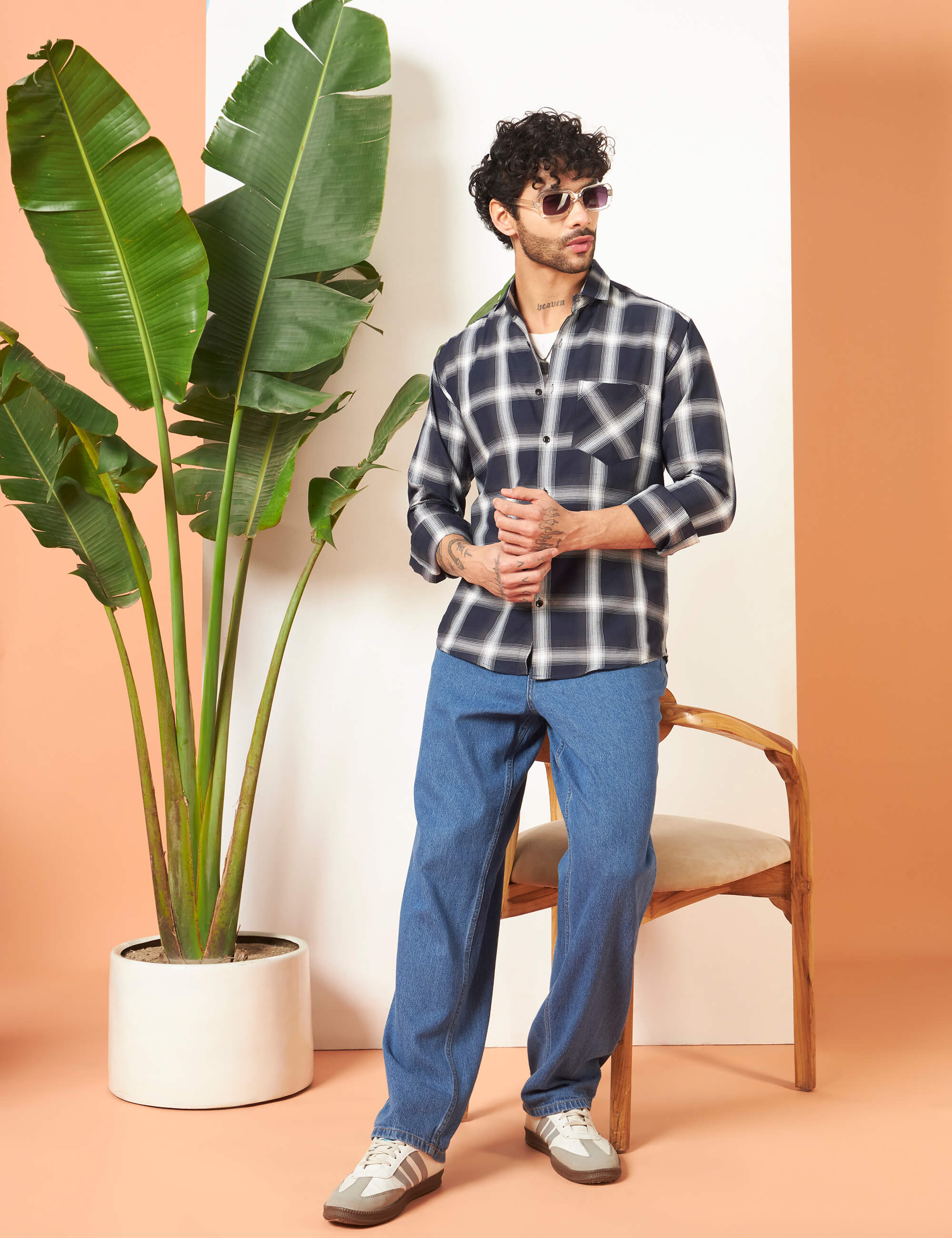 Urban Grid Navy Cotton-Blend Shirt
