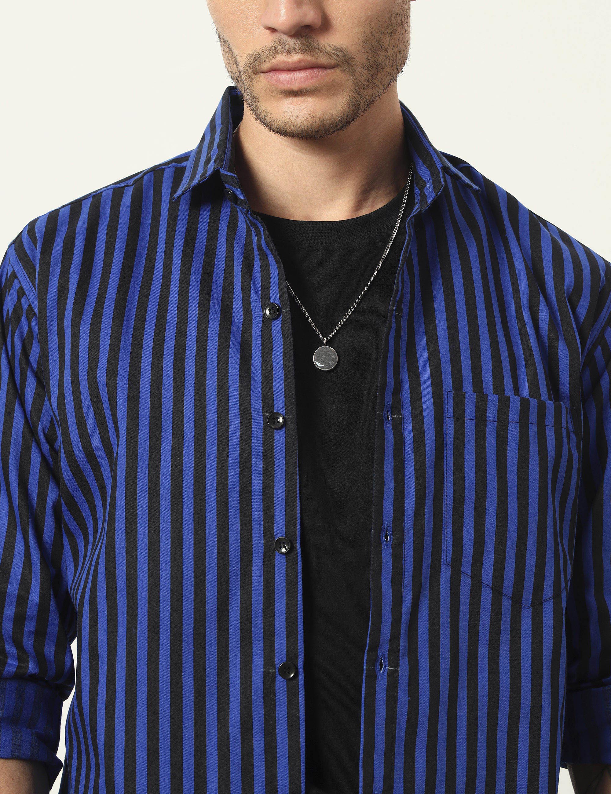 Inferno Stripes Casual Royal Blue Cotton Blend Shirt