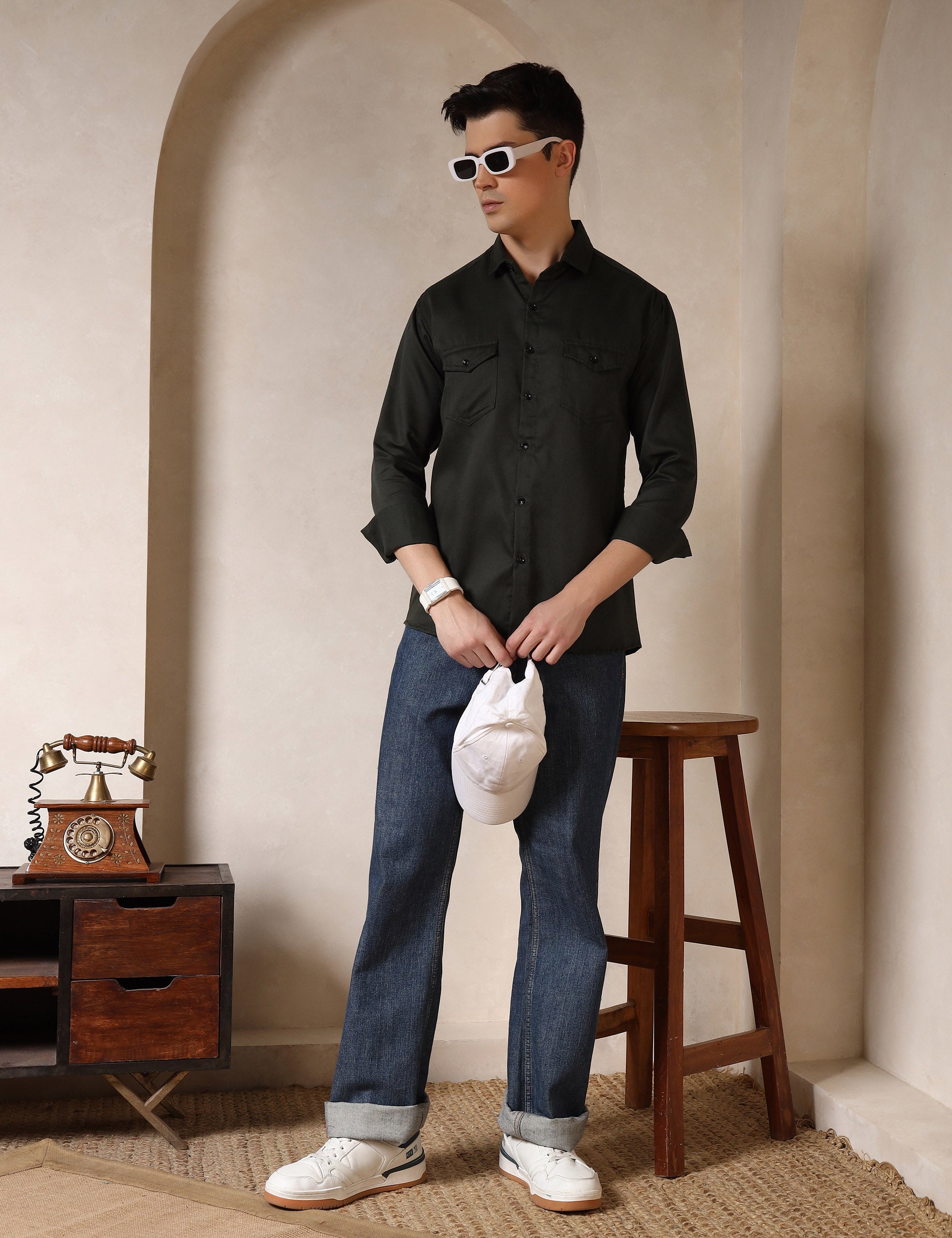 Classic Olive Green Dual Pocket Cotton Blend Shirt