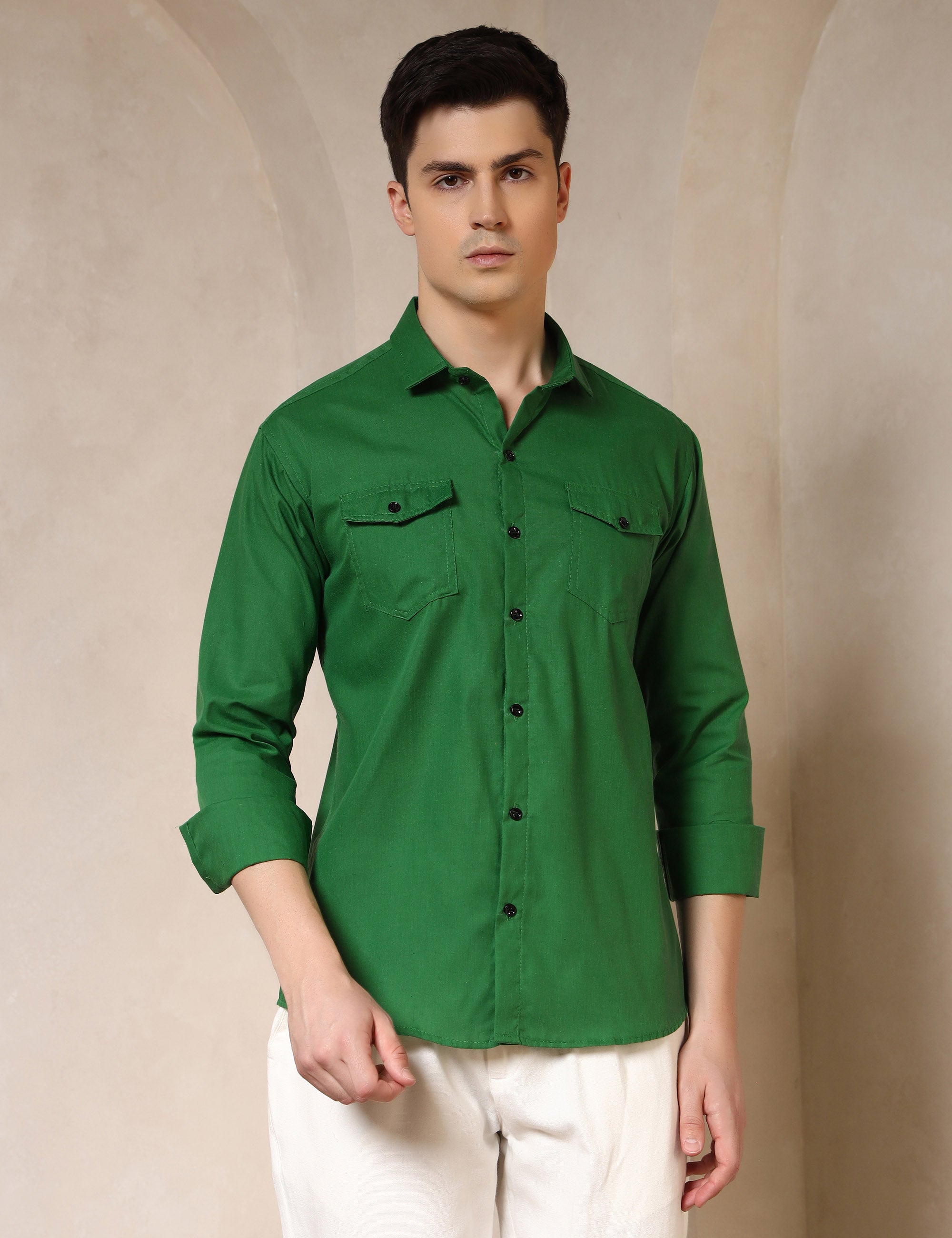 Classic Bright Green Dual Pocket Cotton Blend Shirt