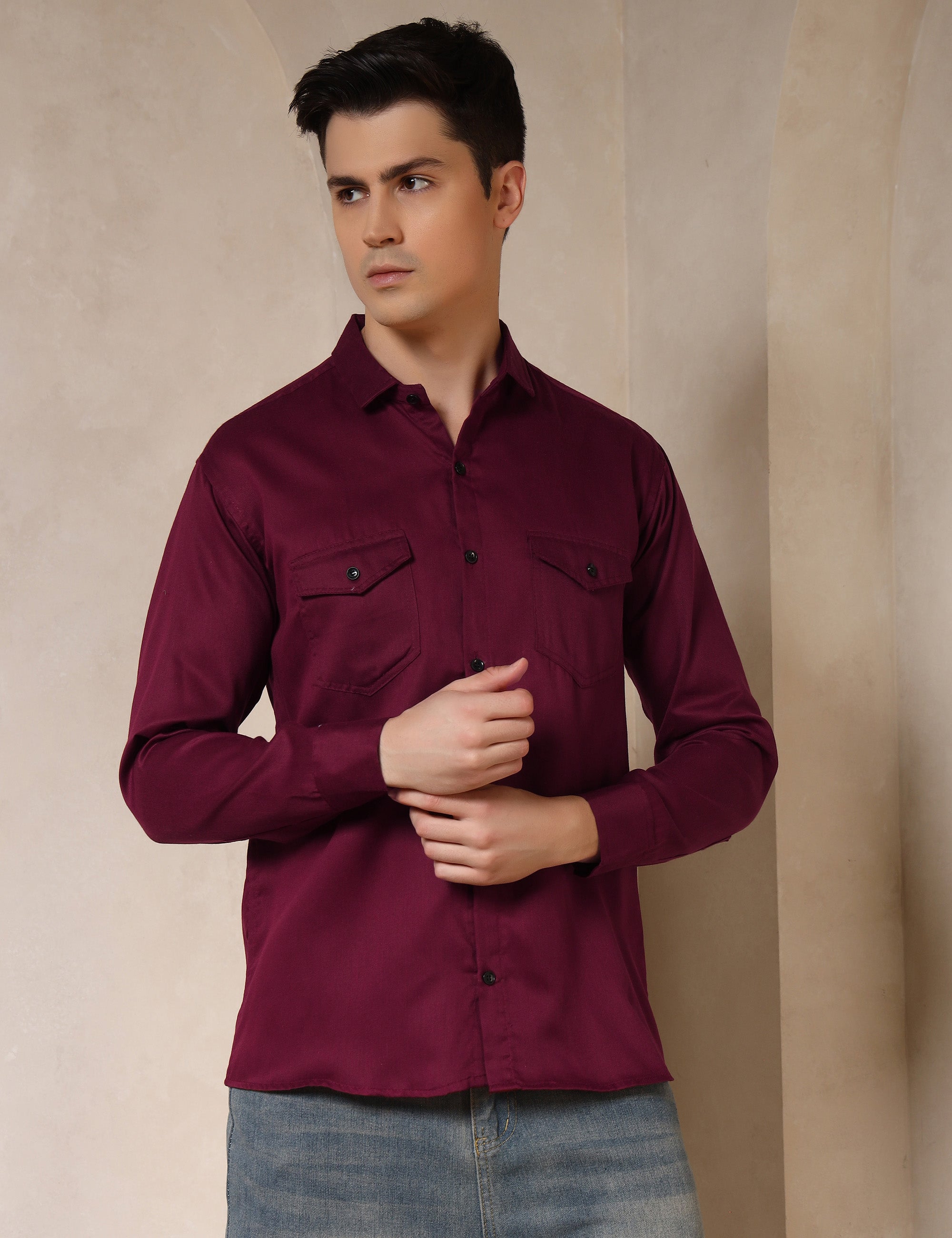 Classic Maroon Dual Pocket Cotton Blend Shirt