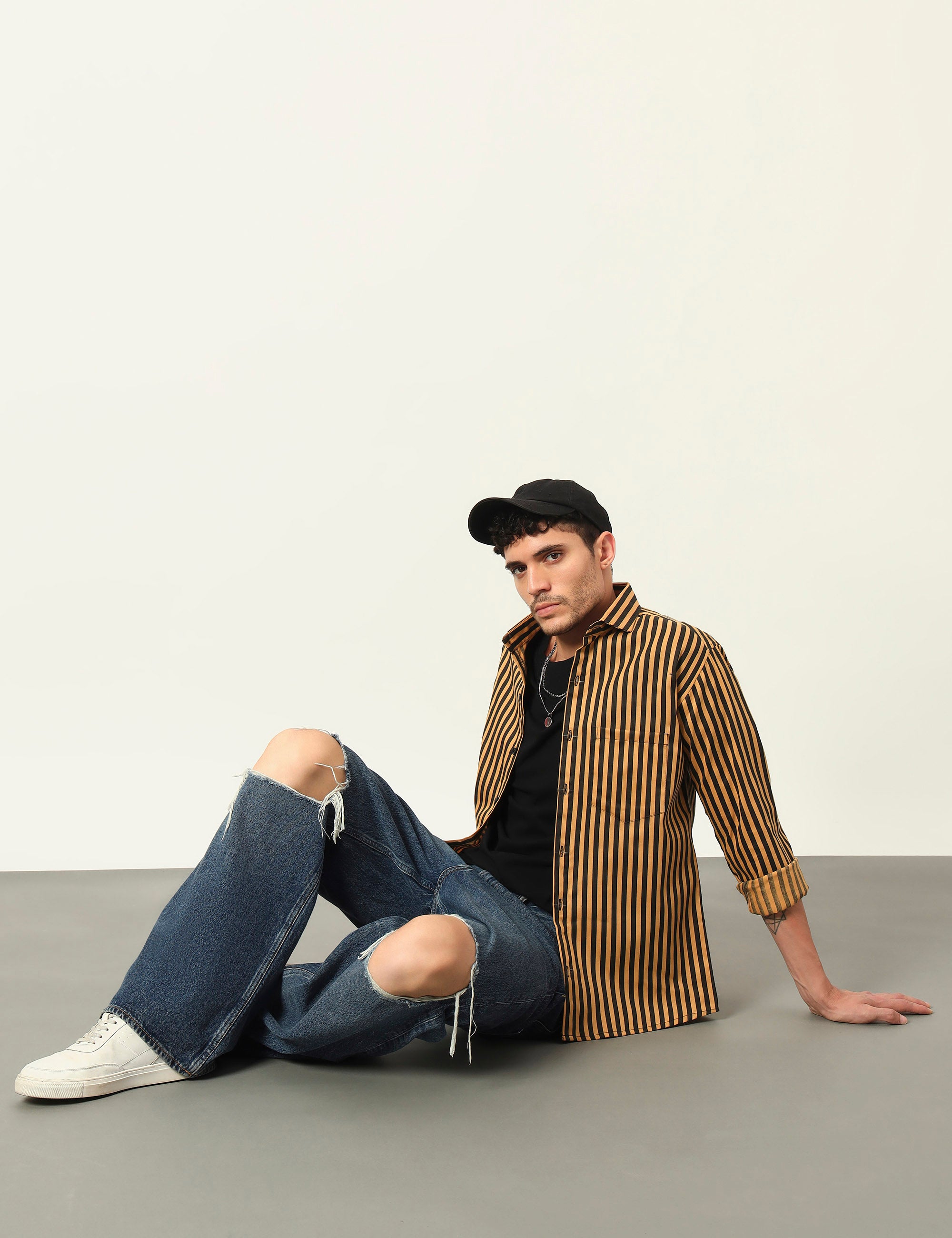 Inferno Stripes Casual Ochre Yellow Cotton Blend Shirt