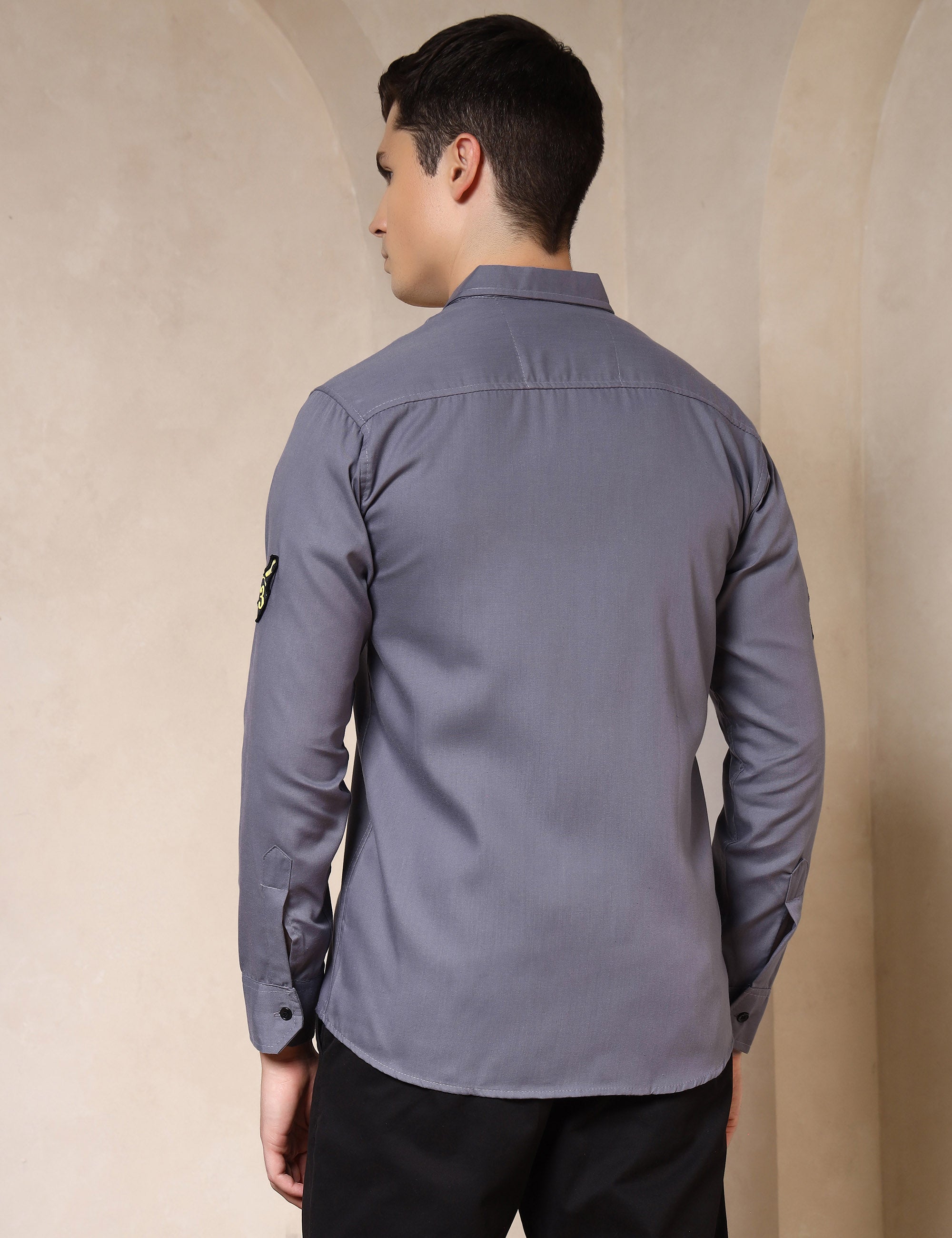 Urban Style Embroidery Patch Grey Cotton Blend Shirt