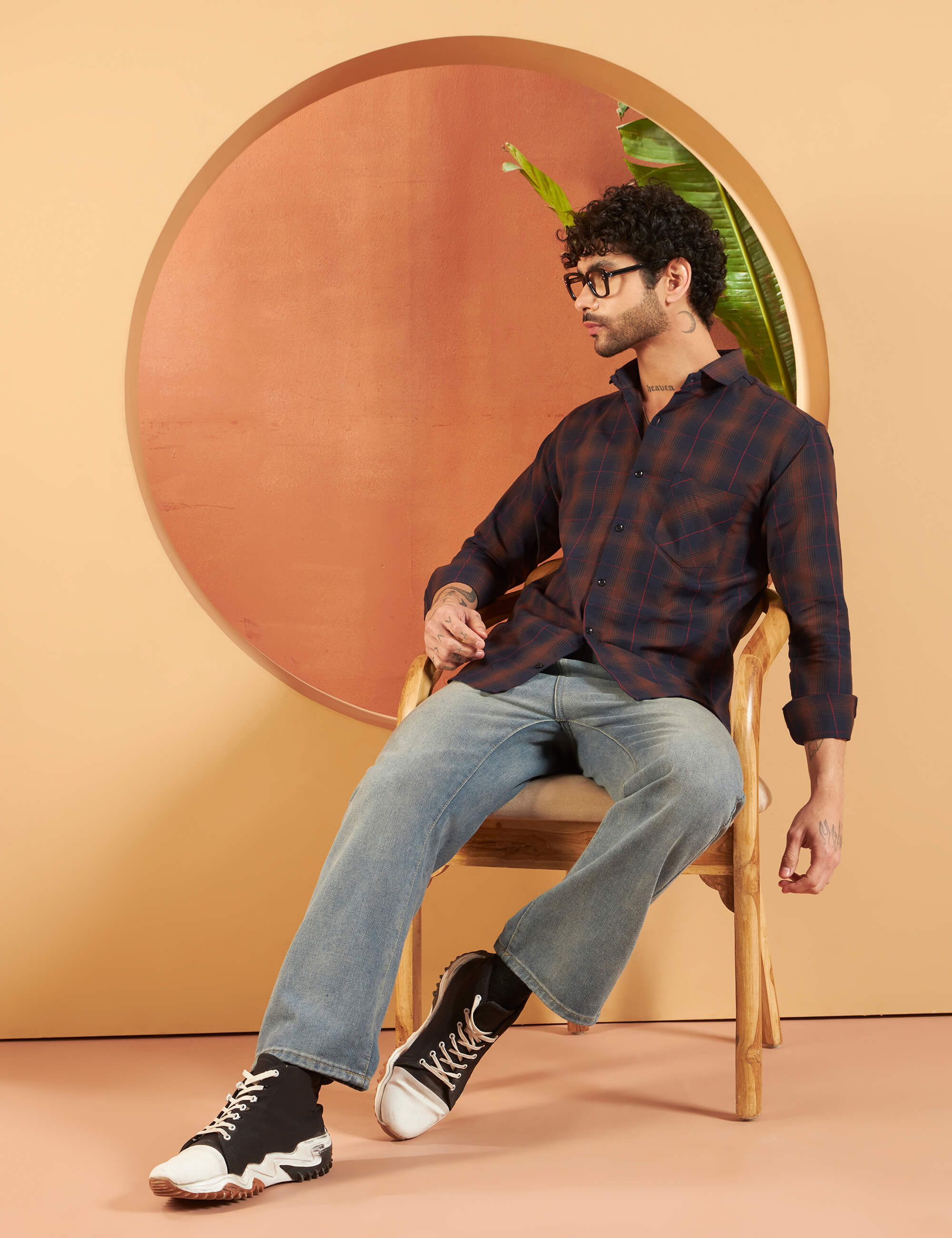 Rust Navy Grid Cotton-Blend Shirt