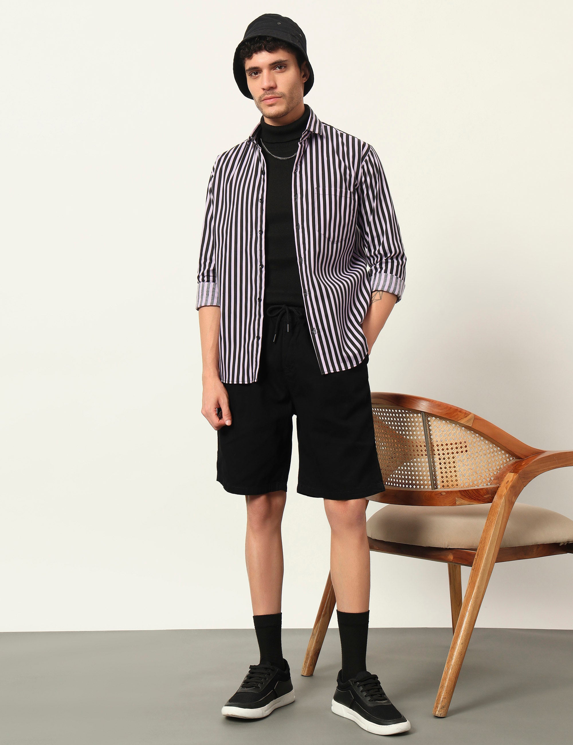 Inferno Stripes Casual Lavender Cotton Blend Shirt