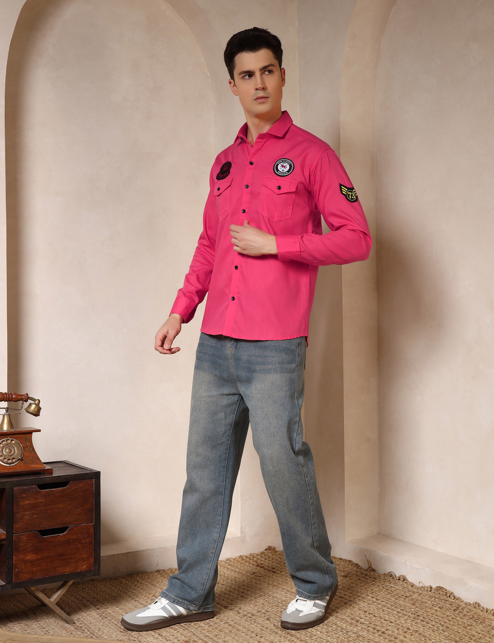 Urban Style Embroidery Patch Pink Cotton Blend Shirt