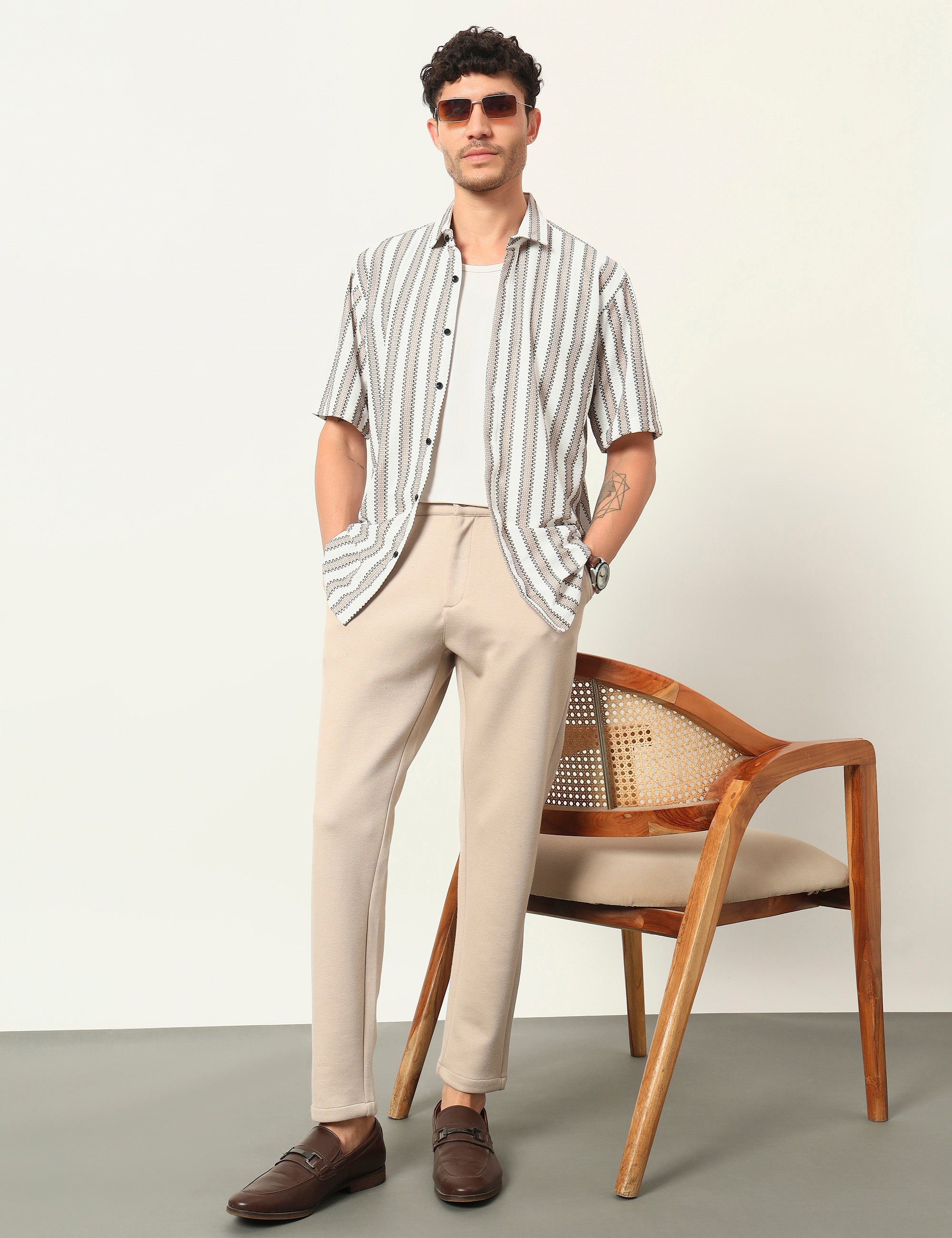 Fresh Flow Polyester Blend Beige Striped Shirt