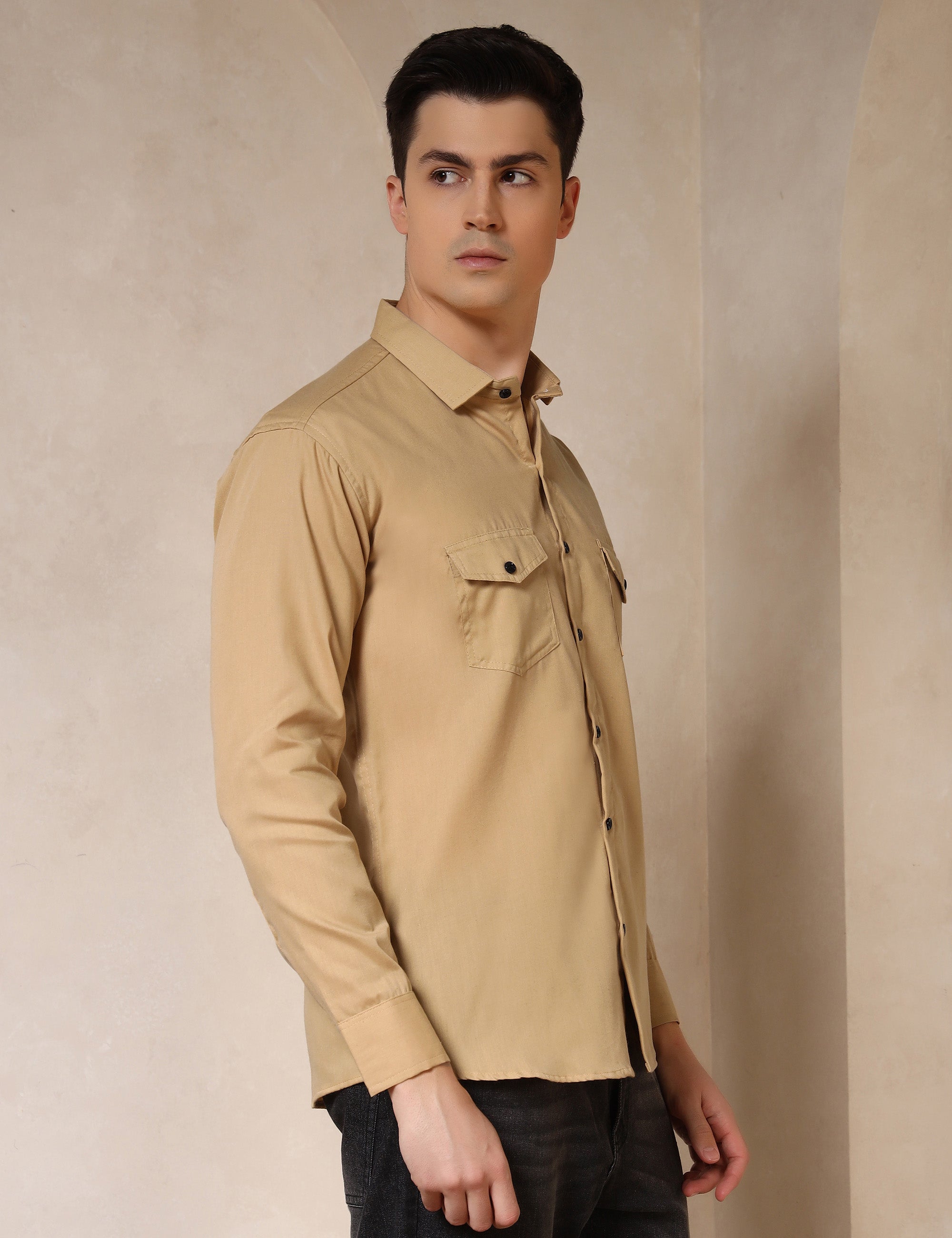 Classic Ochre Yellow Dual Pocket Cotton Blend Shirt